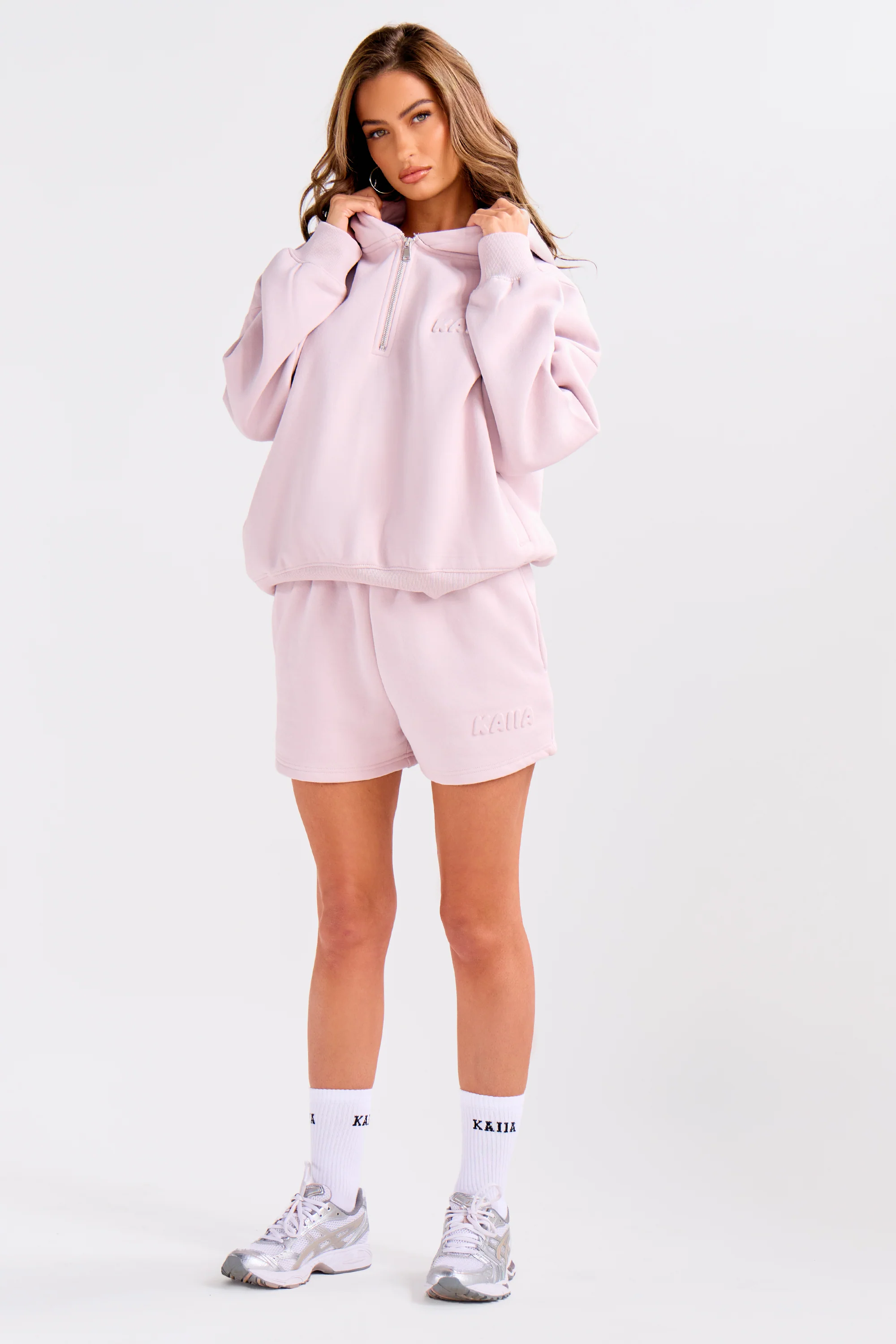 Kaiia Embossed Bubble Logo Quarter Zip Oversized Hoodie Pale Dusty Lilac - Image 7