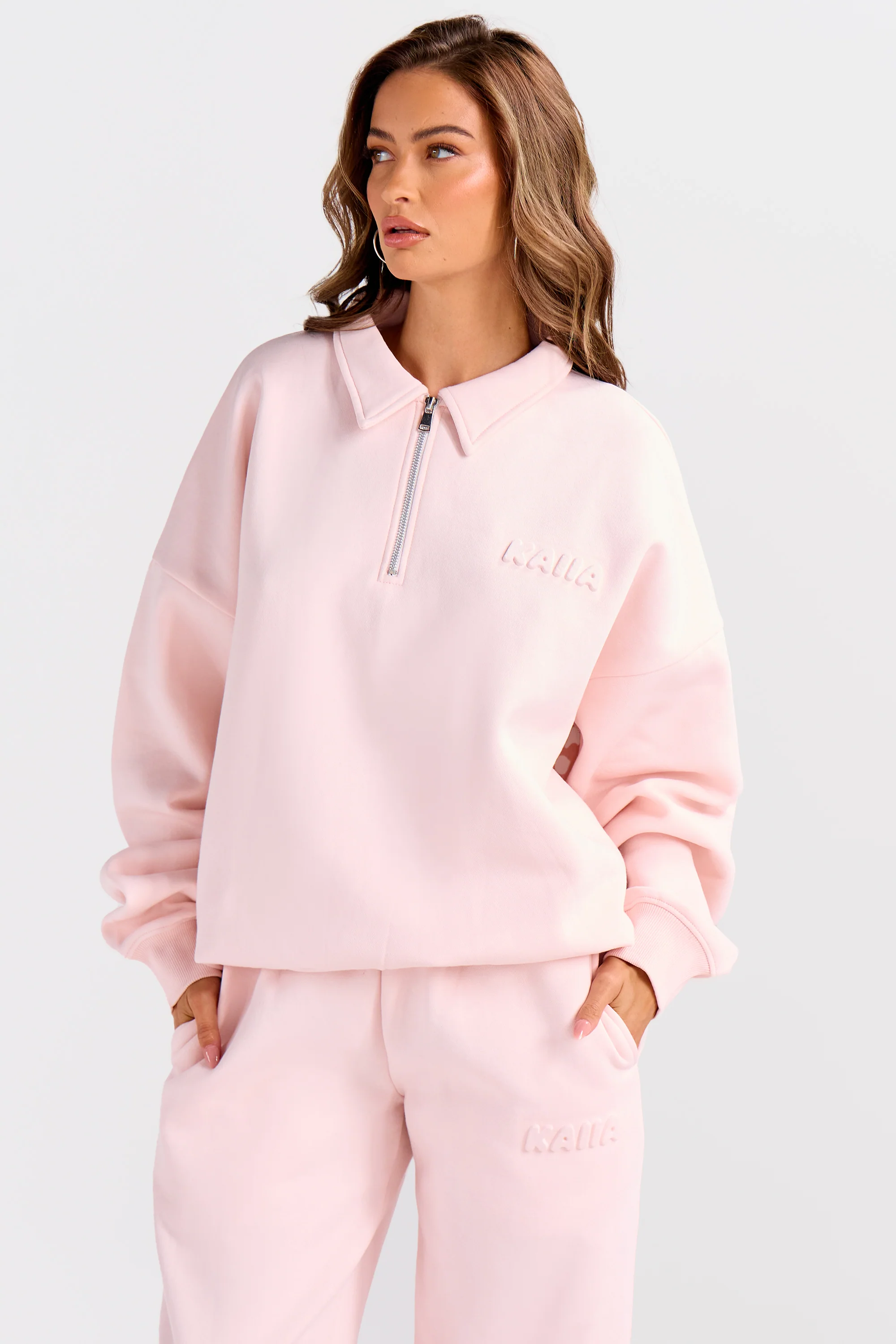 Kaiia Embossed Bubble Logo Quarter Zip Oversized Sweatshirt Light Rose - Image 5