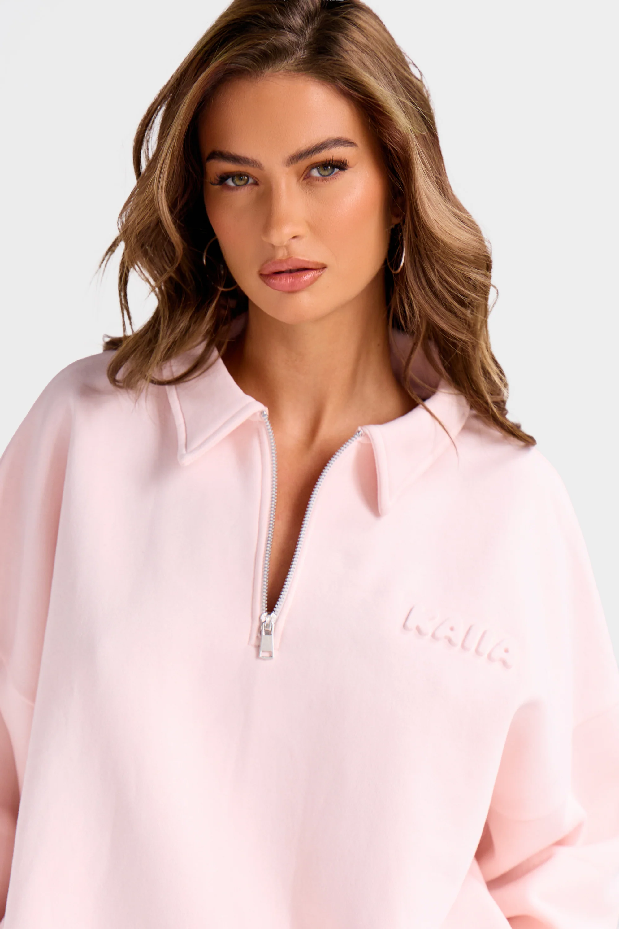 Kaiia Embossed Bubble Logo Quarter Zip Oversized Sweatshirt Light Rose - Image 7