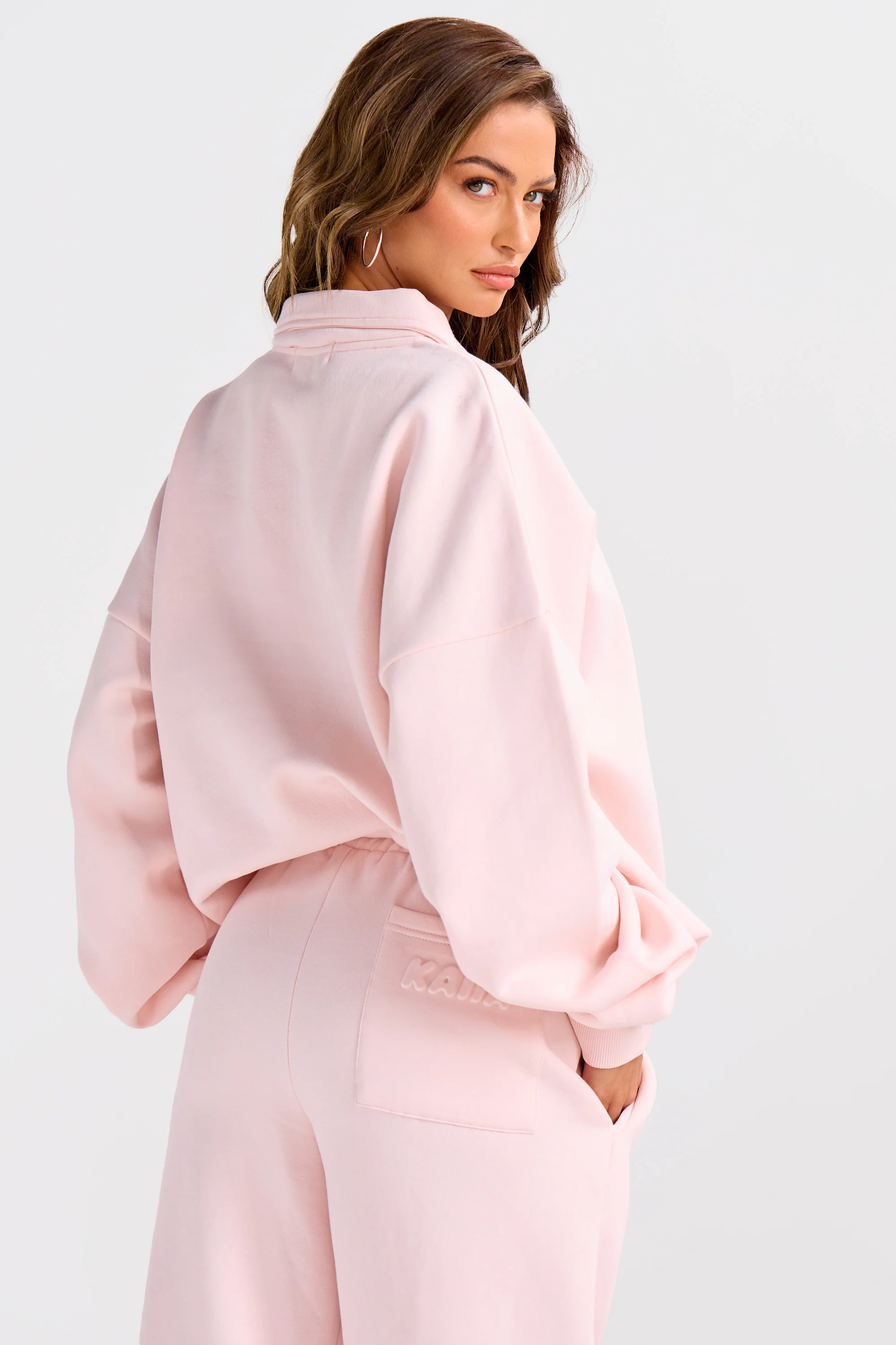 Kaiia Embossed Bubble Logo Quarter Zip Oversized Sweatshirt Light Rose - Image 8