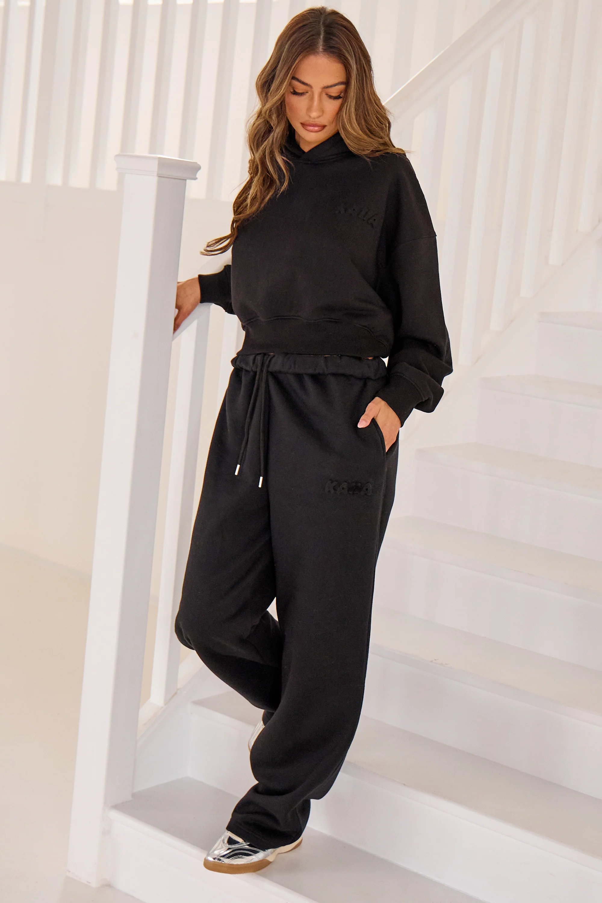 Kaiia Embossed Bubble Logo Wide Leg Joggers Black - Image 2