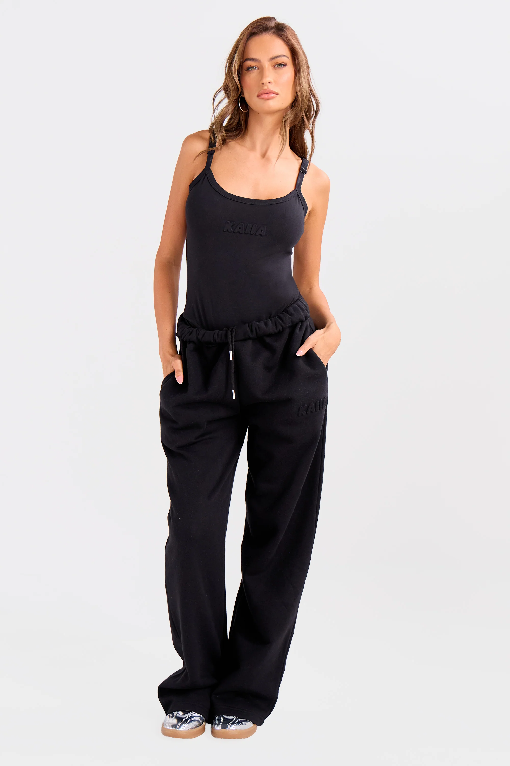Kaiia Embossed Bubble Logo Wide Leg Joggers Black - Image 4