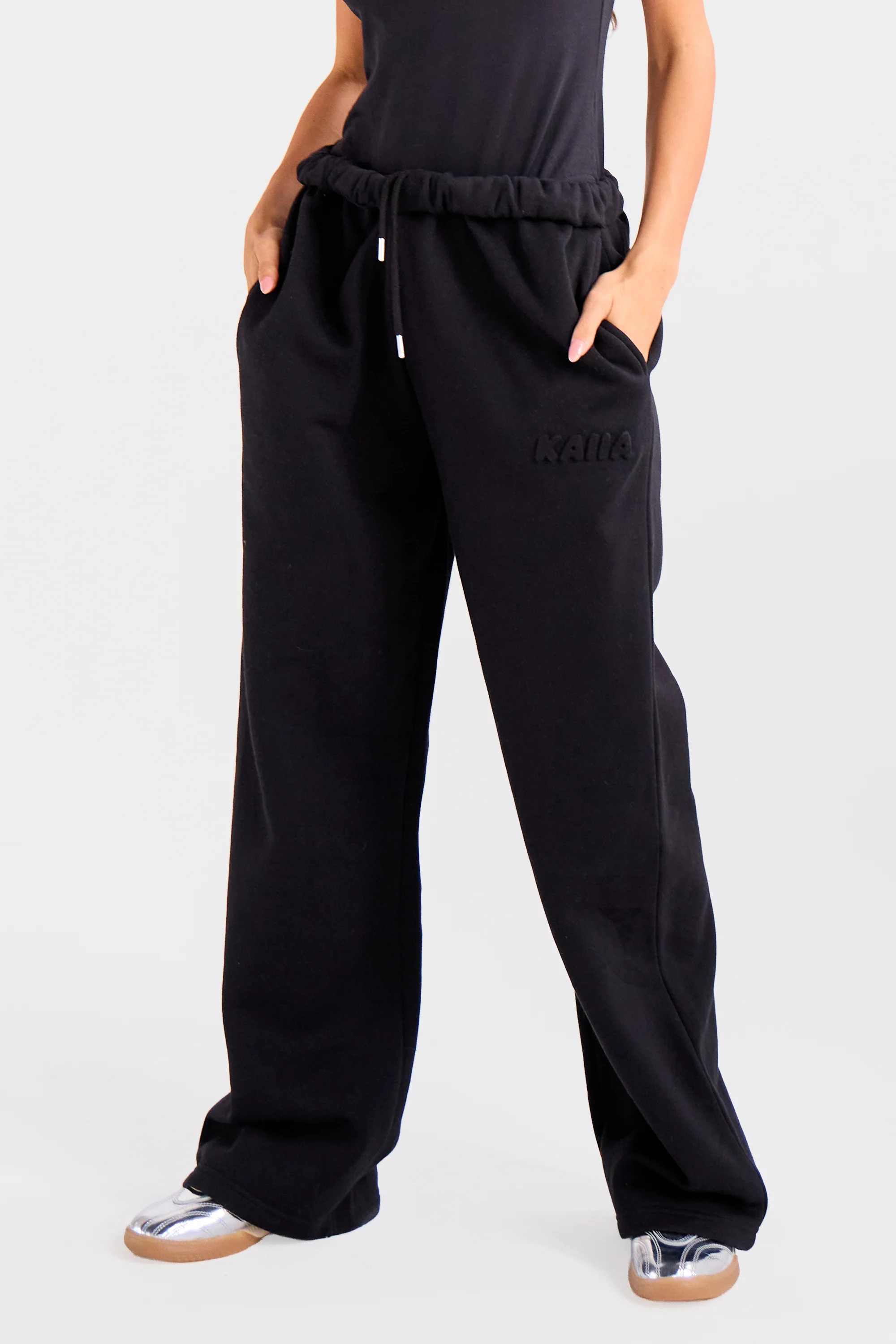 Kaiia Embossed Bubble Logo Wide Leg Joggers Black - Image 5