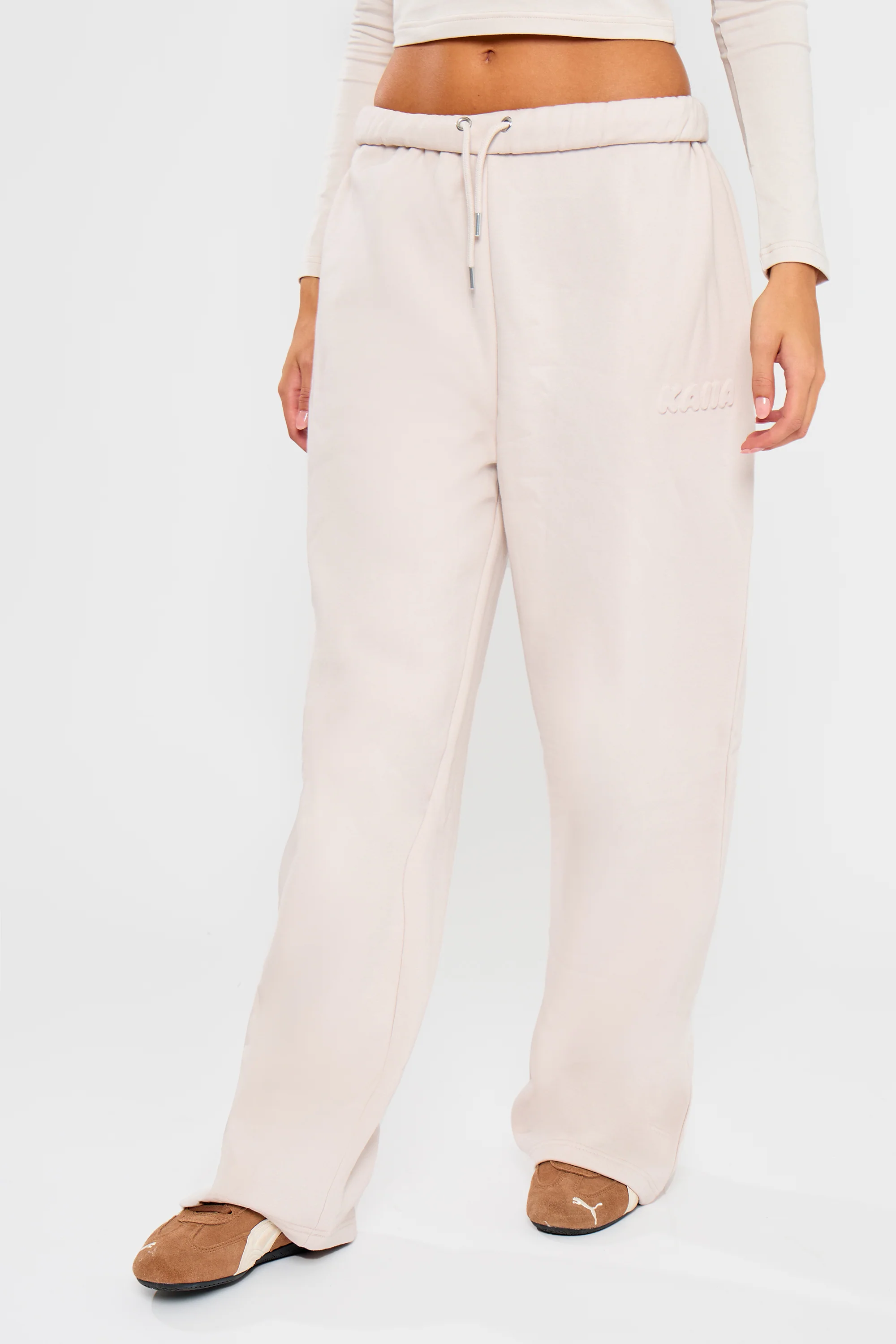 Kaiia Embossed Bubble Logo Wide Leg Joggers Oyster - Image 3