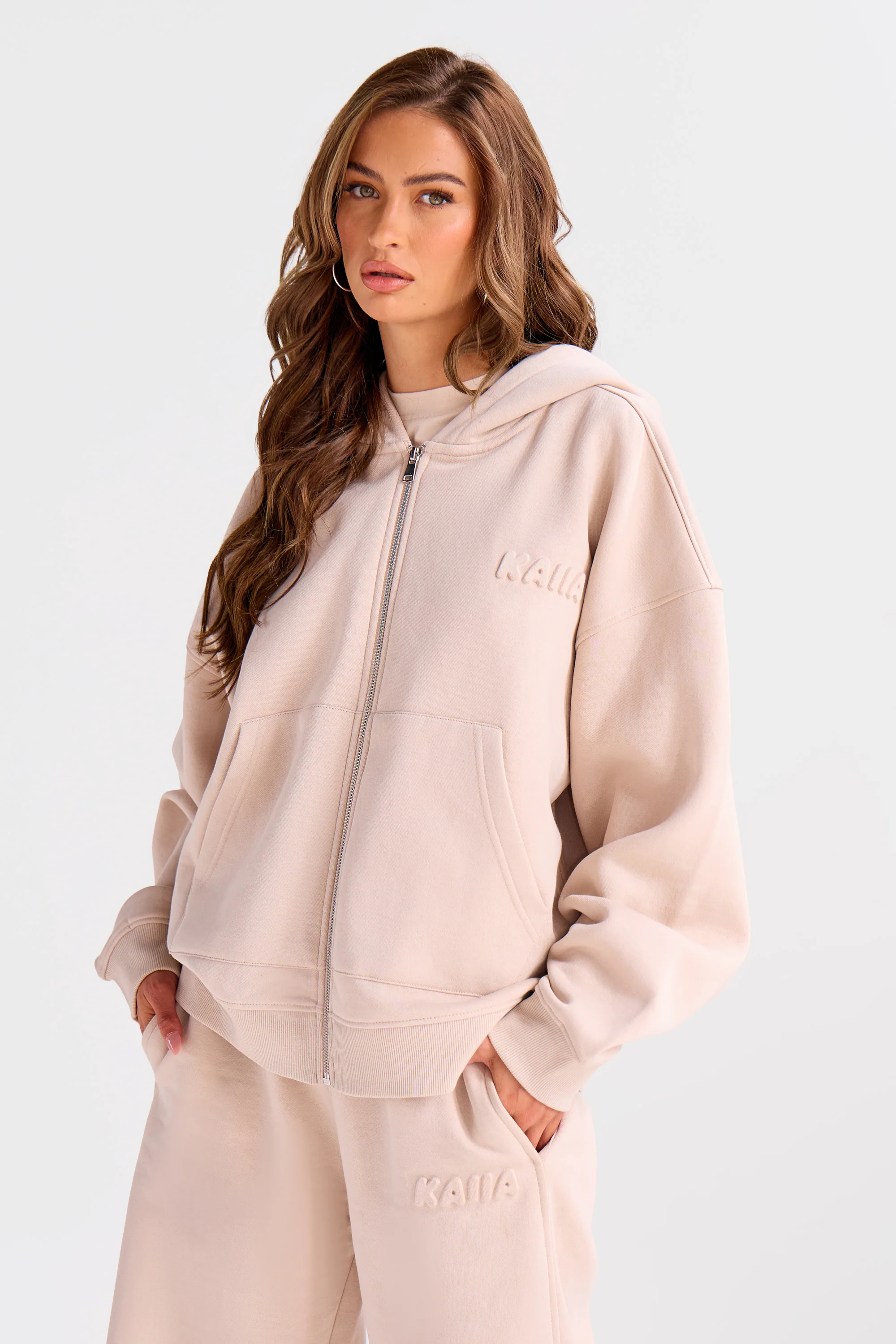 Kaiia Embossed Bubble Logo Zip Through Hoodie Mushroom - Image 5
