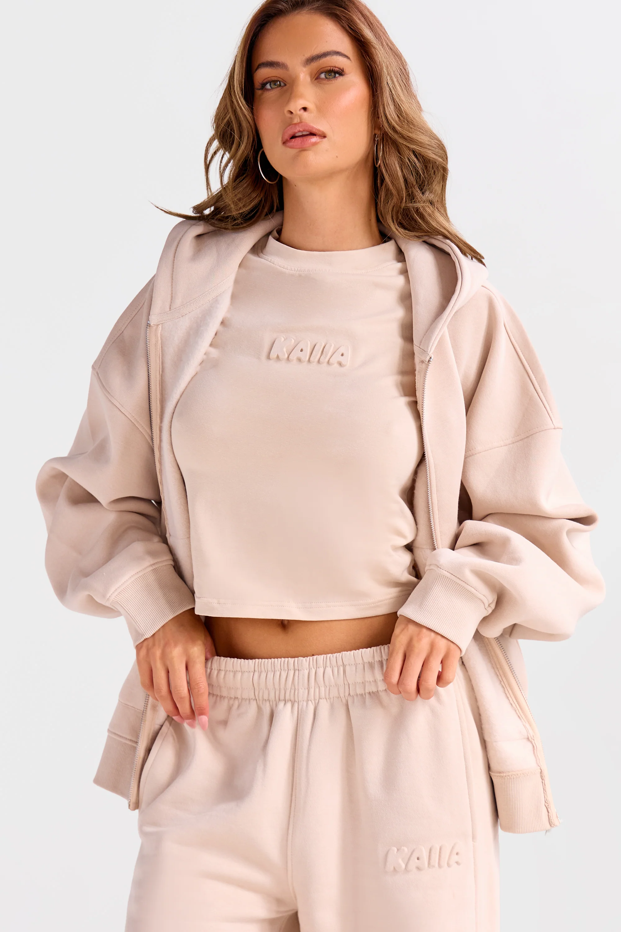 Kaiia Embossed Bubble Logo Zip Through Hoodie Mushroom - Image 7