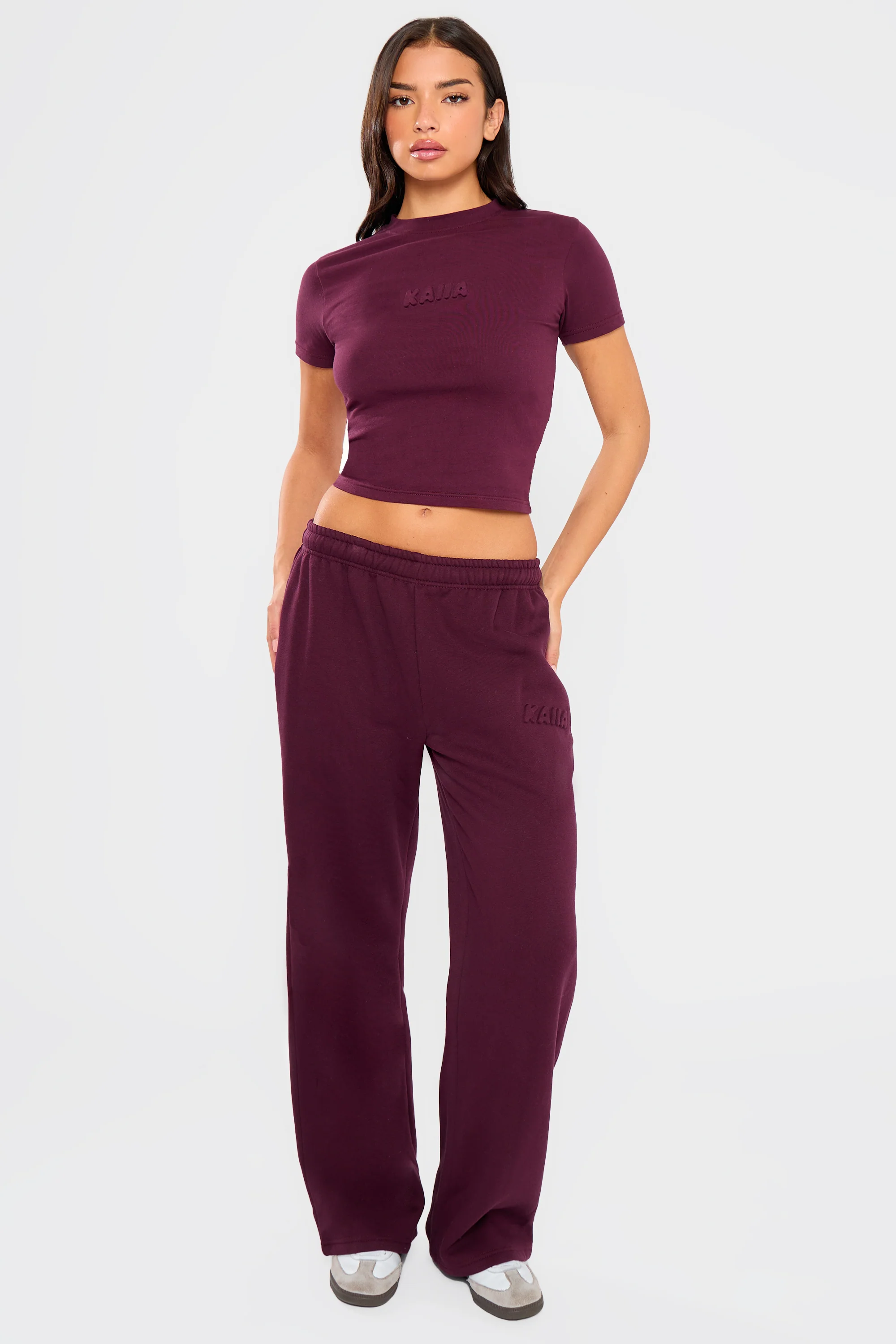Kaiia Embossed Bubble Logo Baby Tee Deep Merlot Burgundy - Image 3