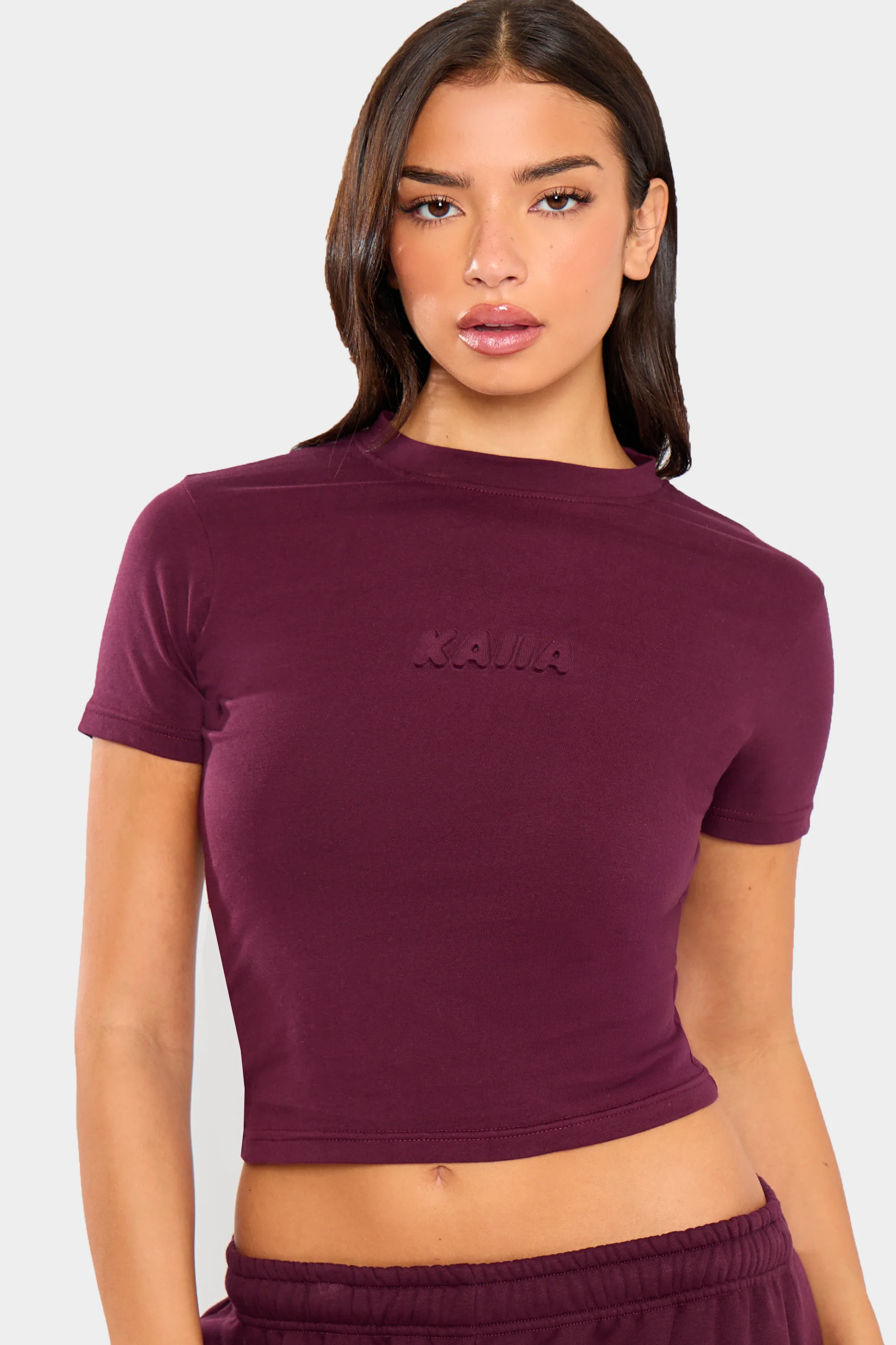 Kaiia Embossed Bubble Logo Baby Tee Deep Merlot Burgundy - Image 4