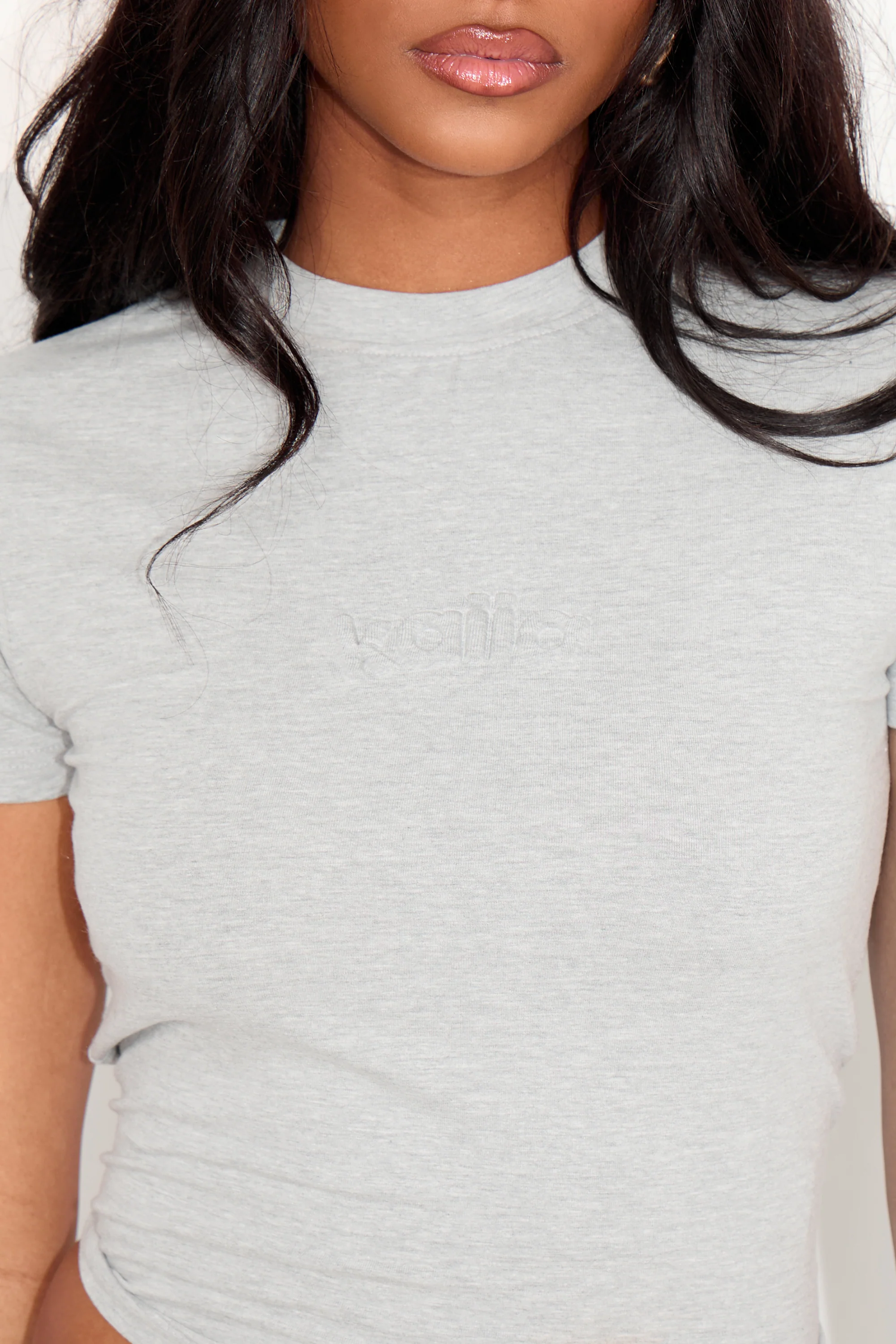 Kaiia Embossed Logo Baby Tee Mid Grey Marl - Image 2