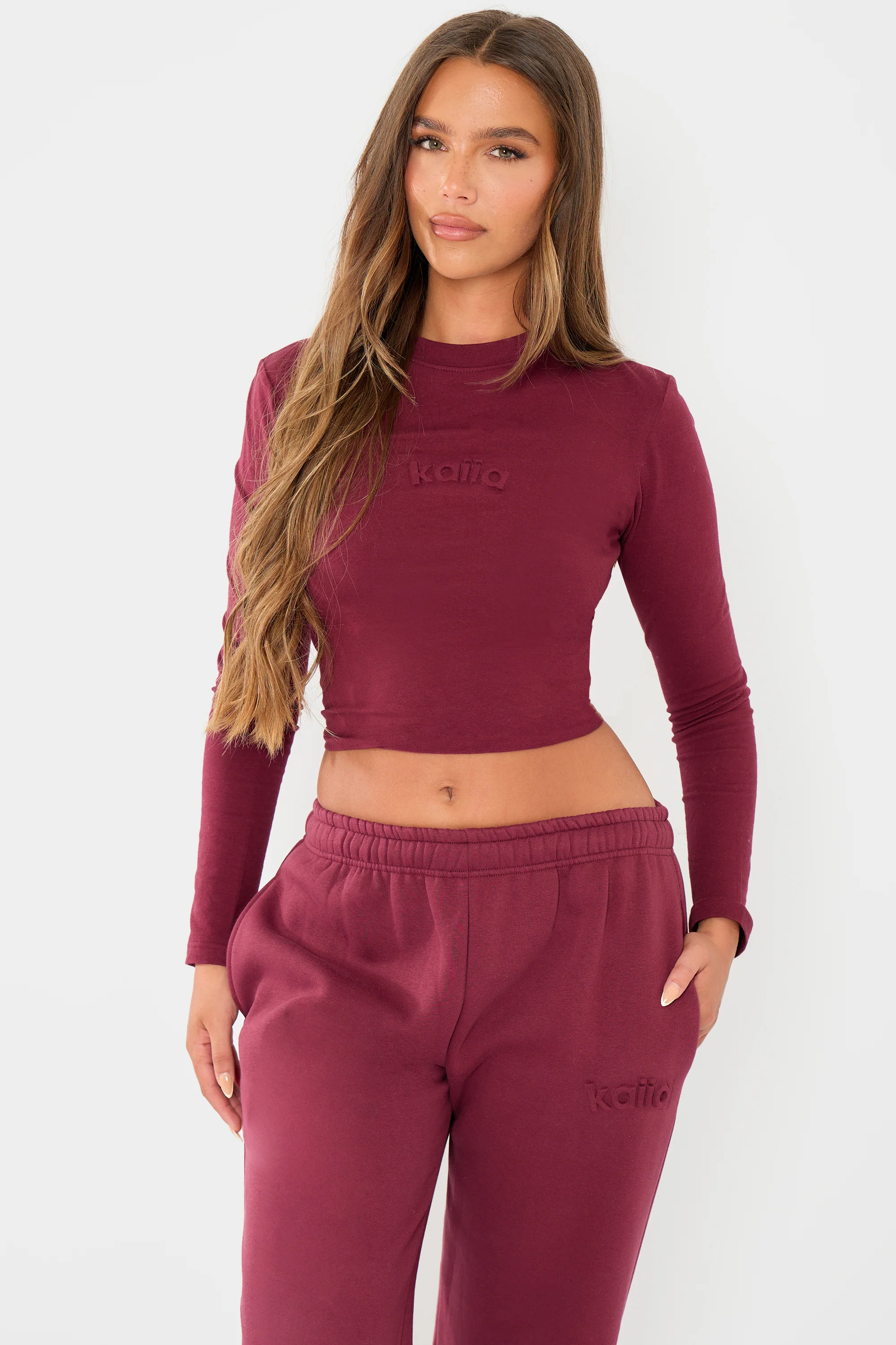 Kaiia Embossed Logo Long Sleeve Baby Tee Dark Cherry - Image 6
