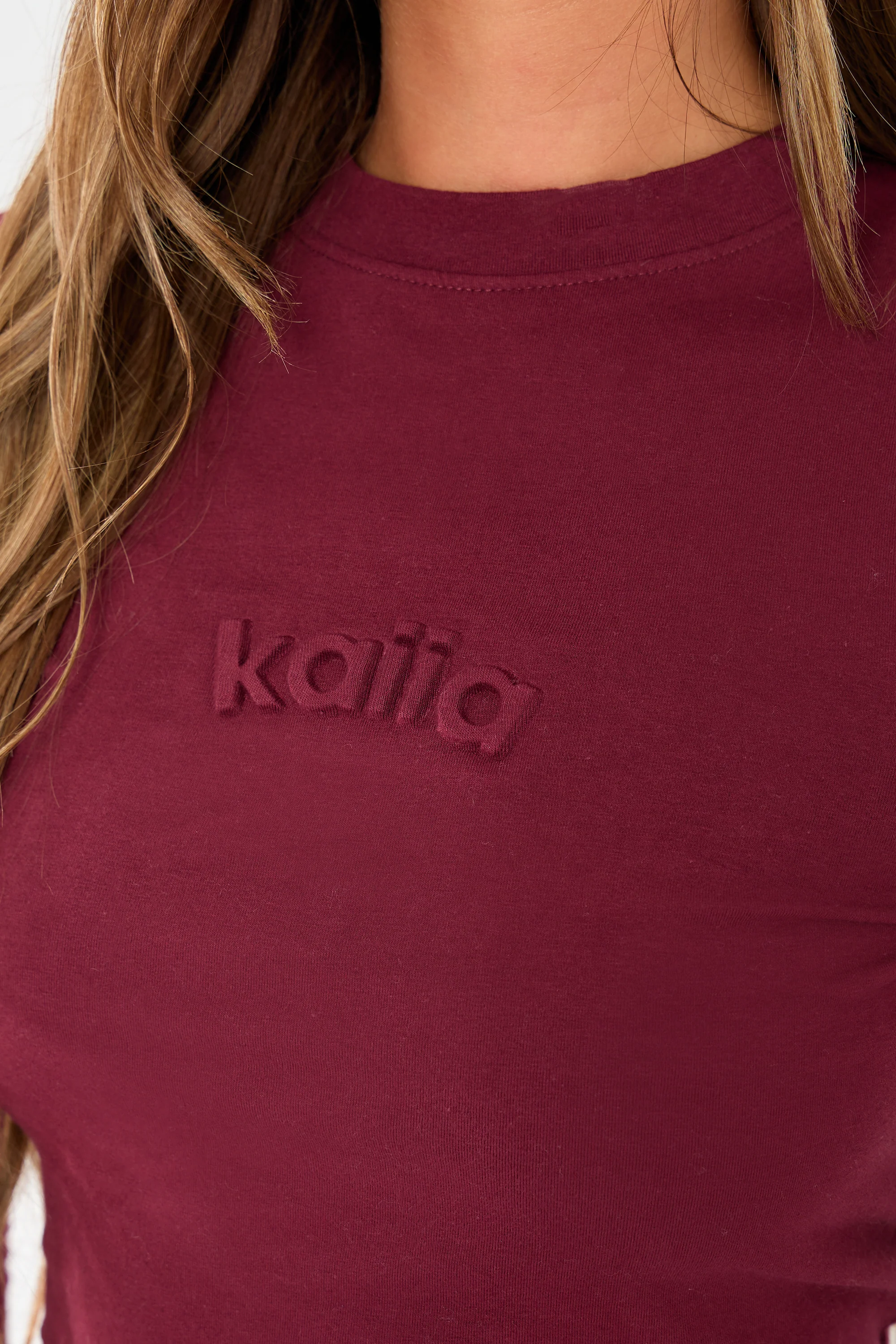 Kaiia Embossed Logo Long Sleeve Baby Tee Dark Cherry - Image 8