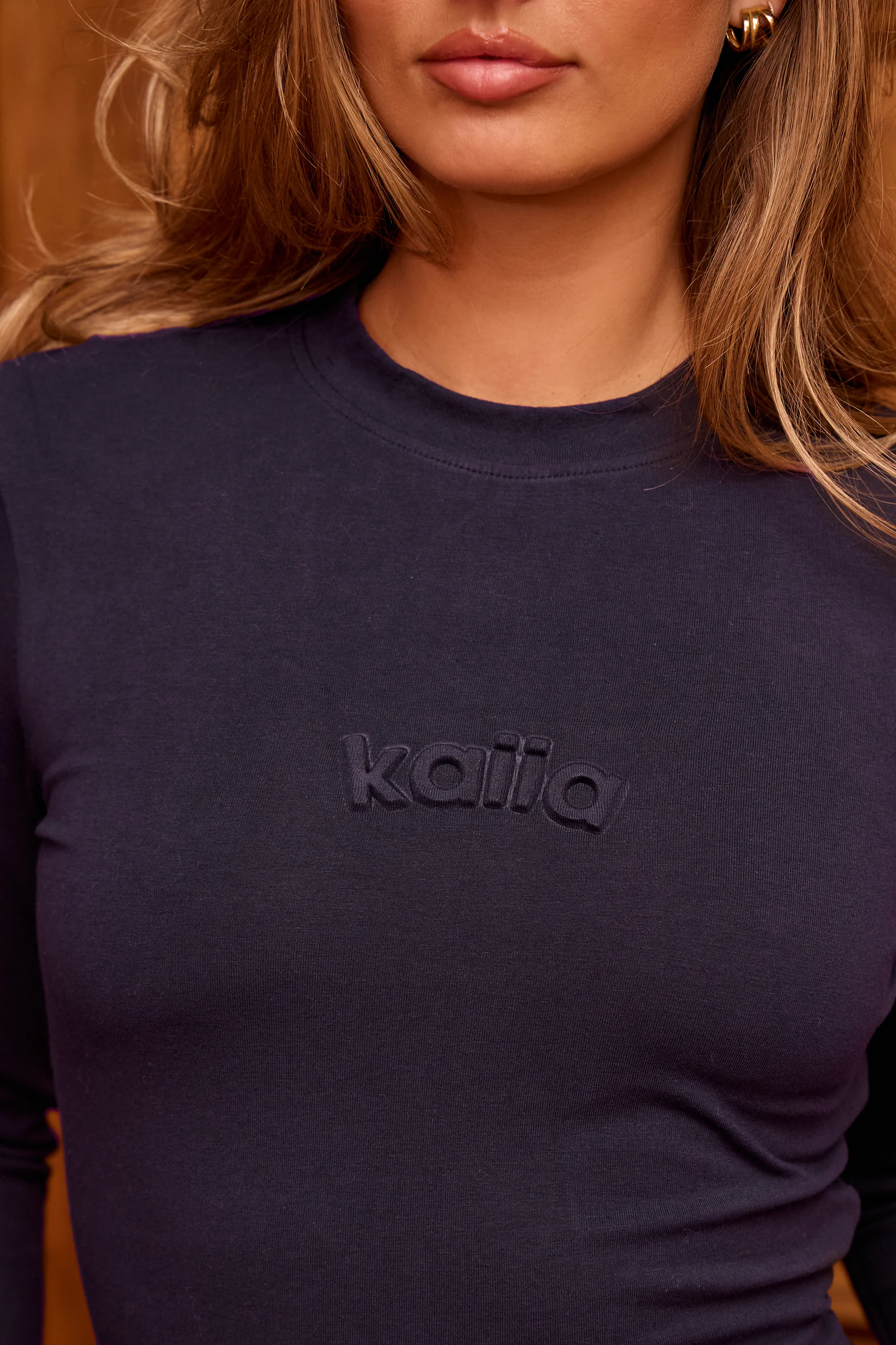 Kaiia Embossed Logo Long Sleeve Baby Tee Navy - Image 2