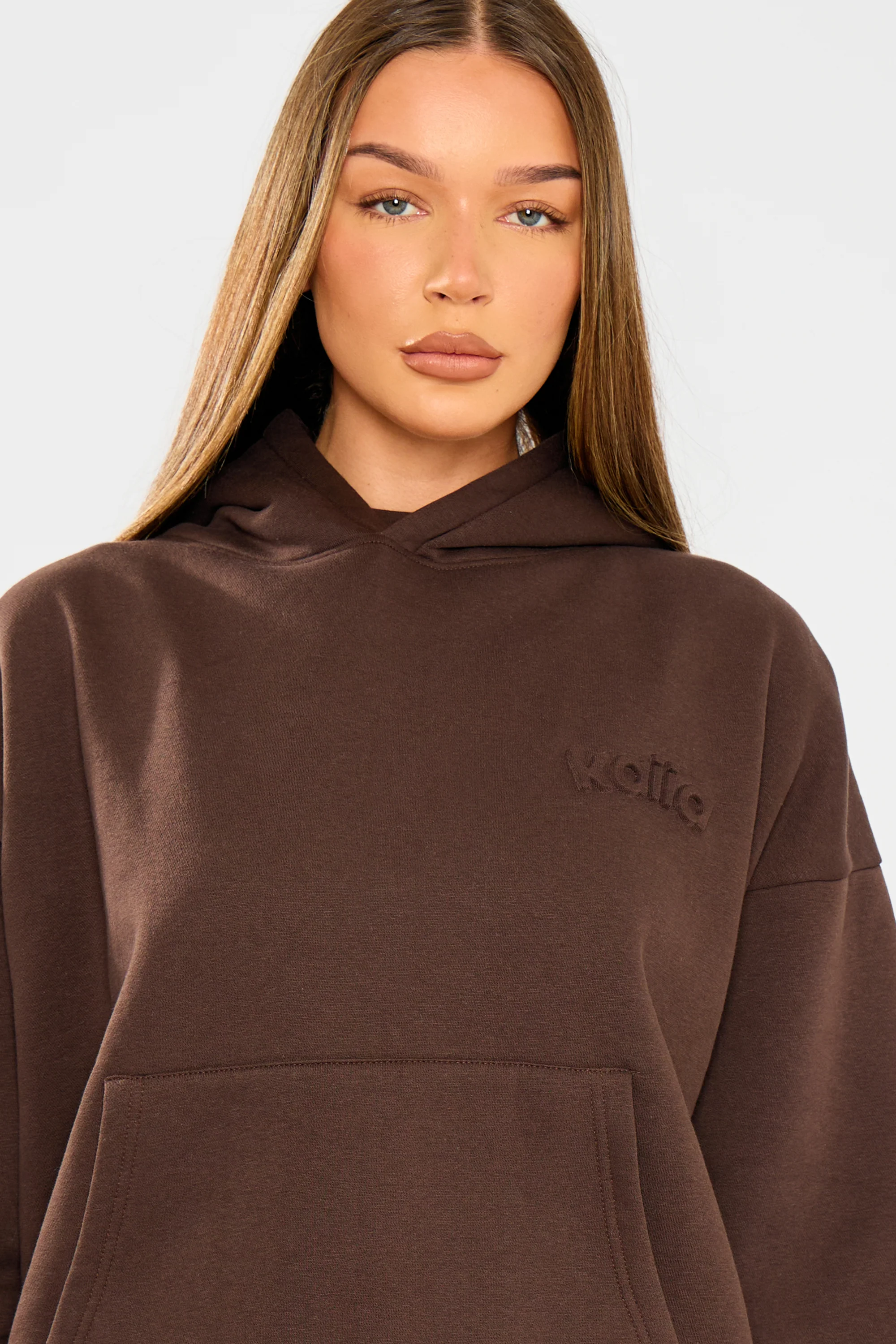 Kaiia Embossed Logo Oversized Hoodie Bitter Chocolate - Image 8