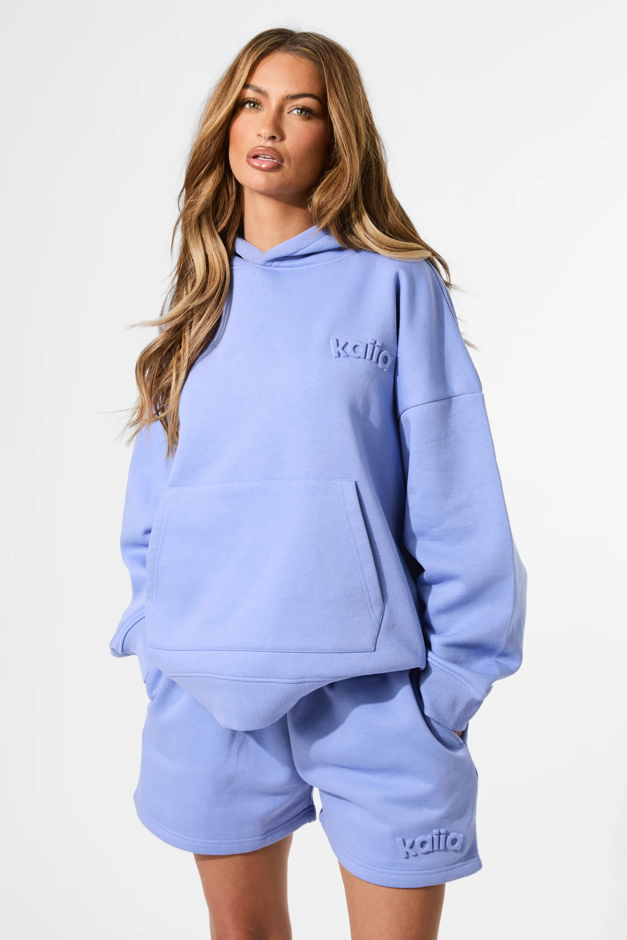 Kaiia Embossed Logo Oversized Hoodie Cornflower Blue - Image 2