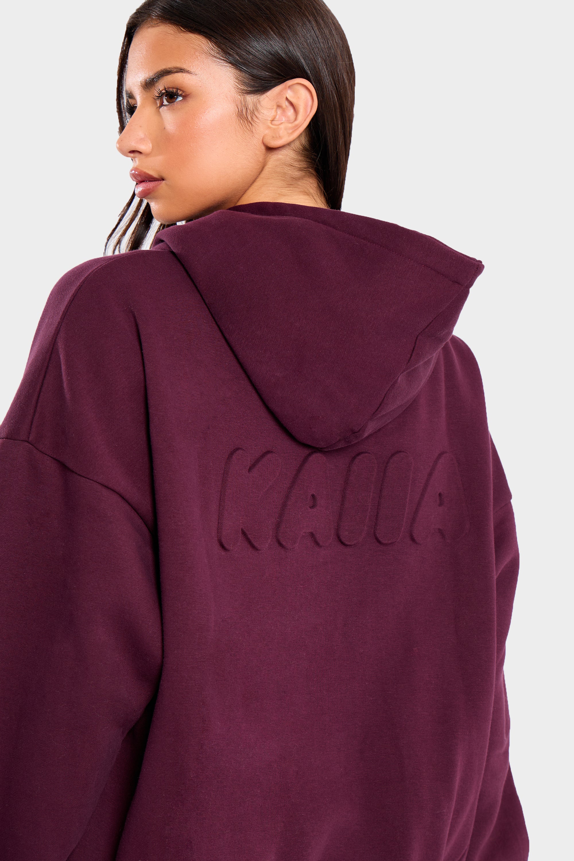 Kaiia Embossed Bubble Logo Oversized Hoodie Deep Merlot Burgundy - Image 2