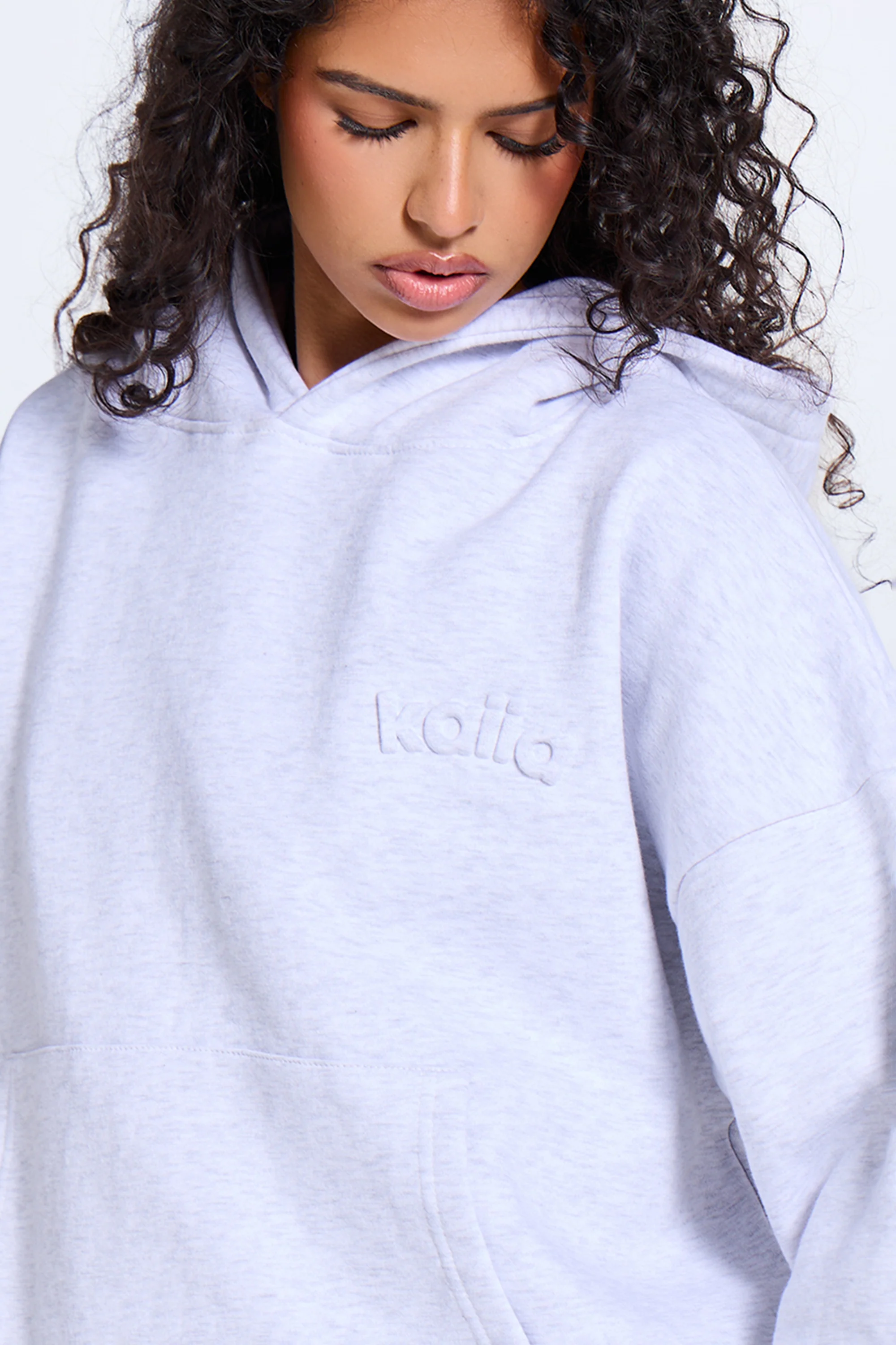 Kaiia Embossed Logo Oversized Hoodie Light Grey Marl - Image 2