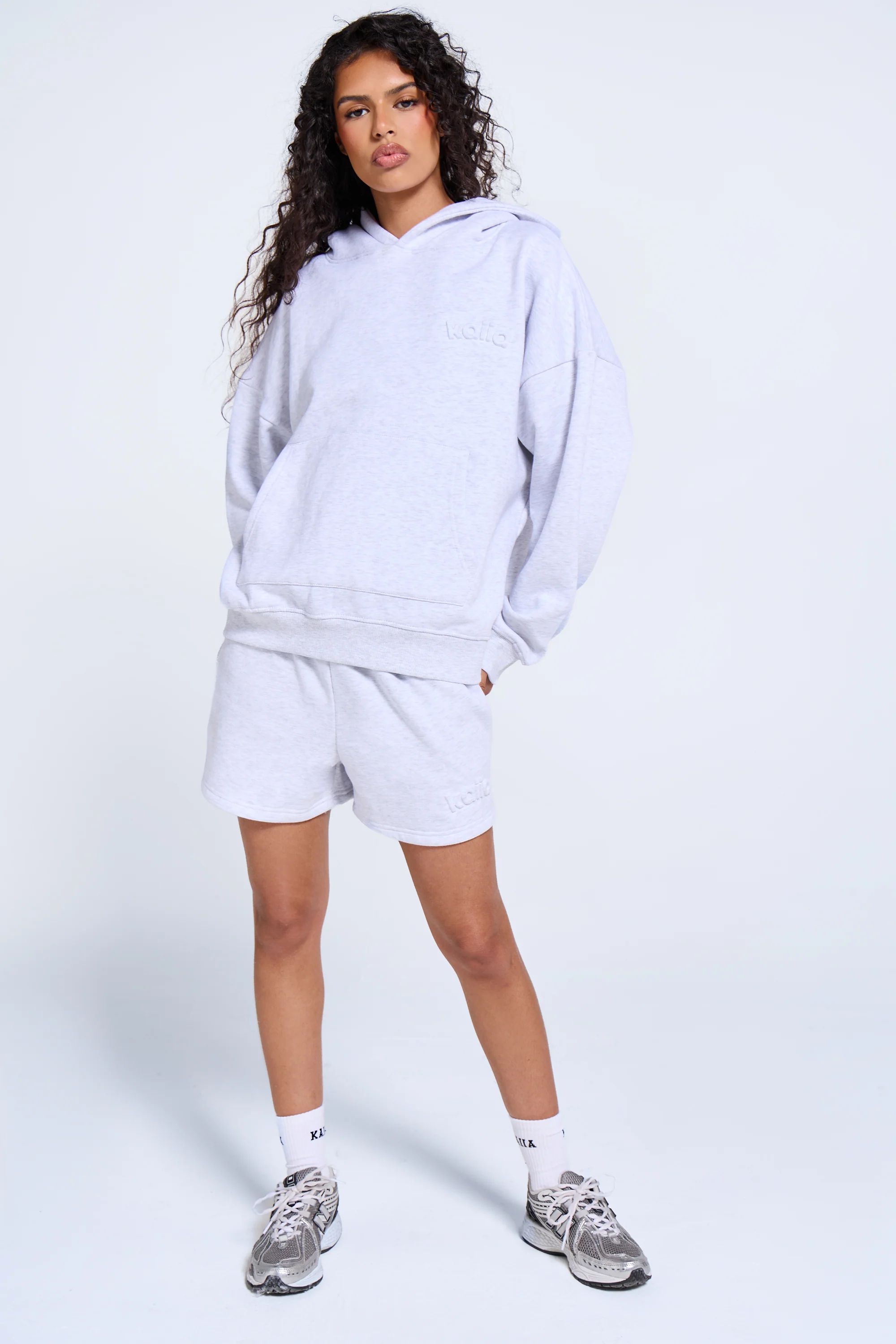 Kaiia Embossed Logo Oversized Hoodie Light Grey Marl - Image 3
