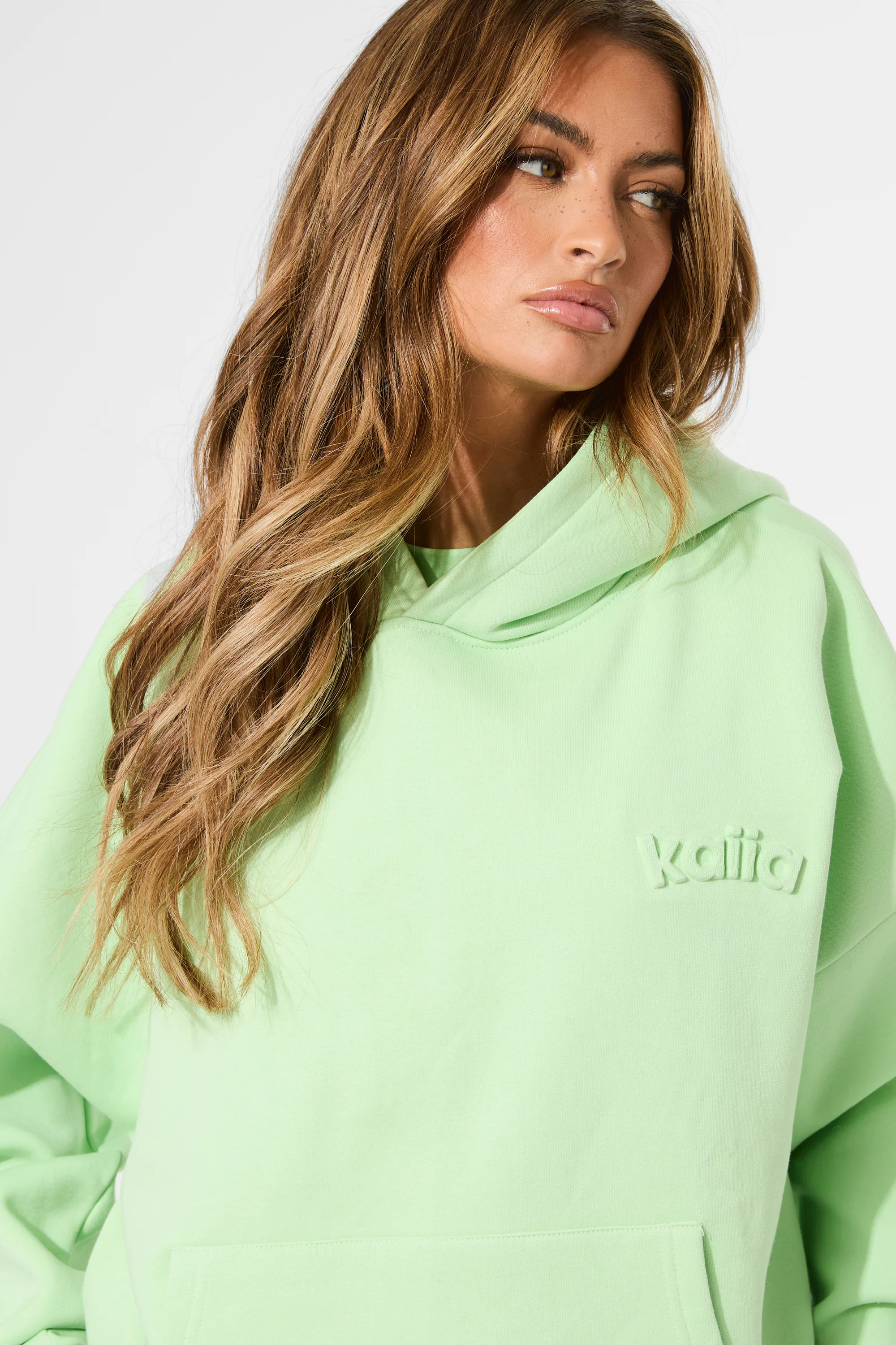 Kaiia Embossed Logo Oversized Hoodie Lime Sherbet - Image 3