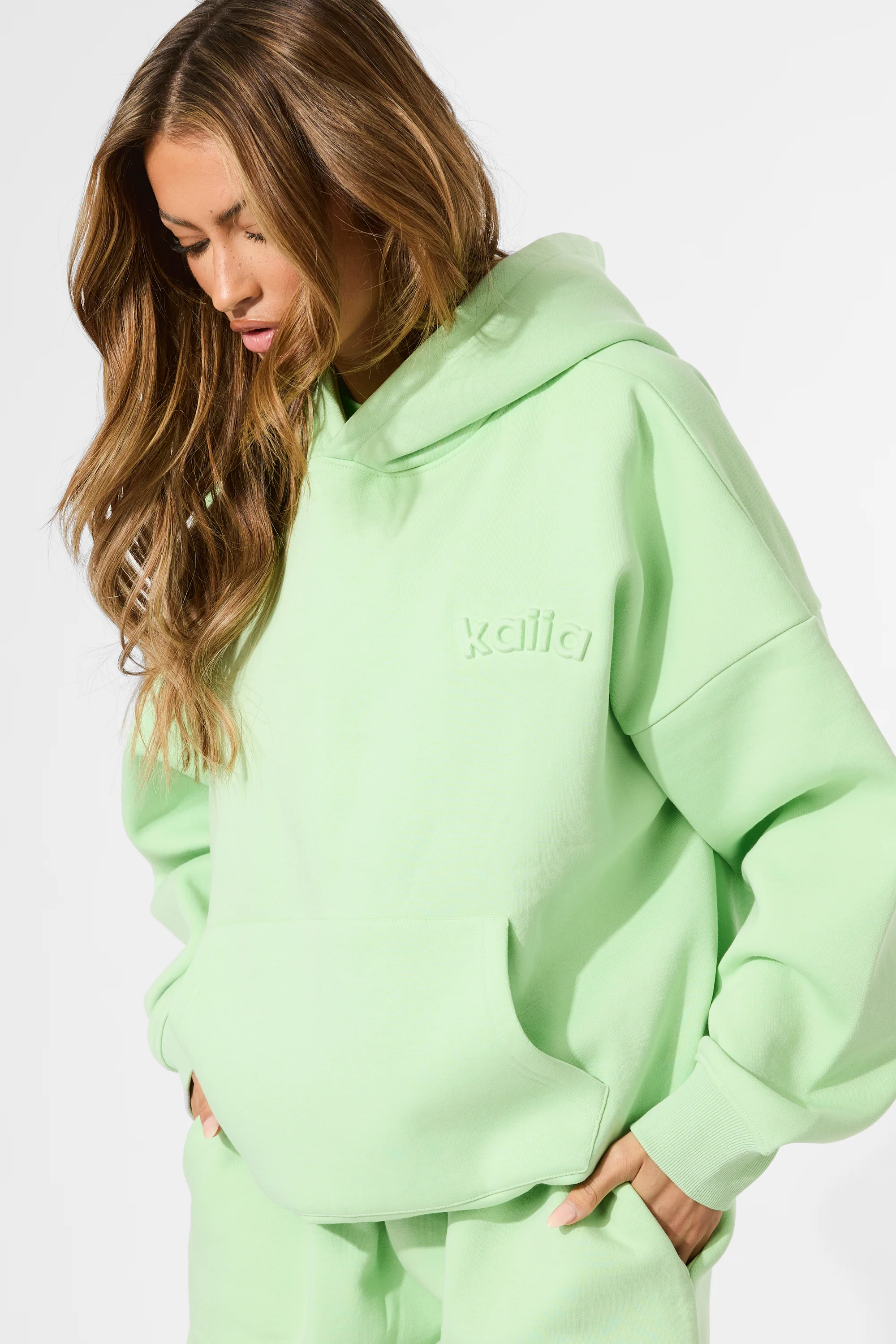 Kaiia Embossed Logo Oversized Hoodie Lime Sherbet - Image 5
