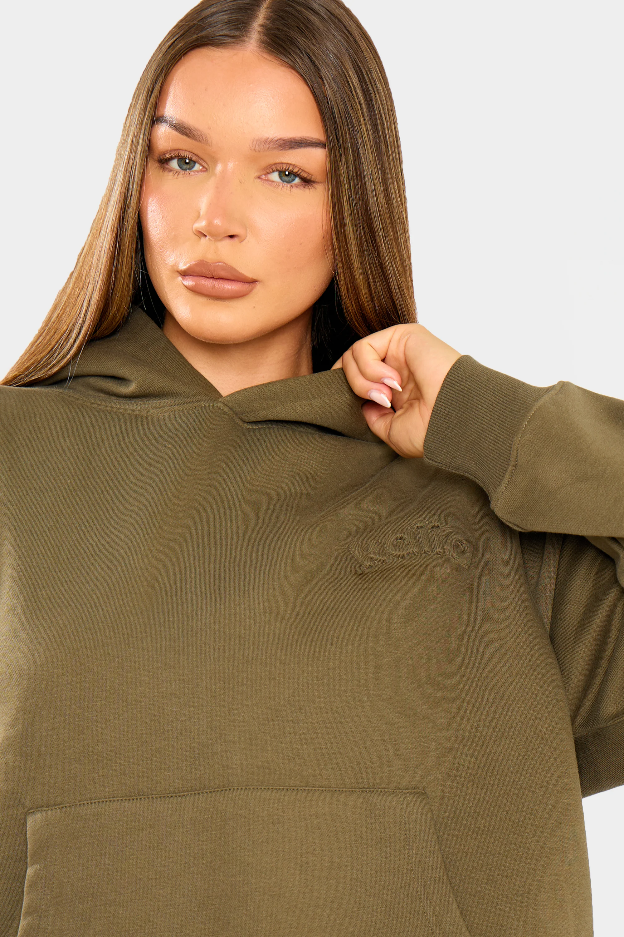 Kaiia Embossed Logo Oversized Hoodie Olive - Image 8