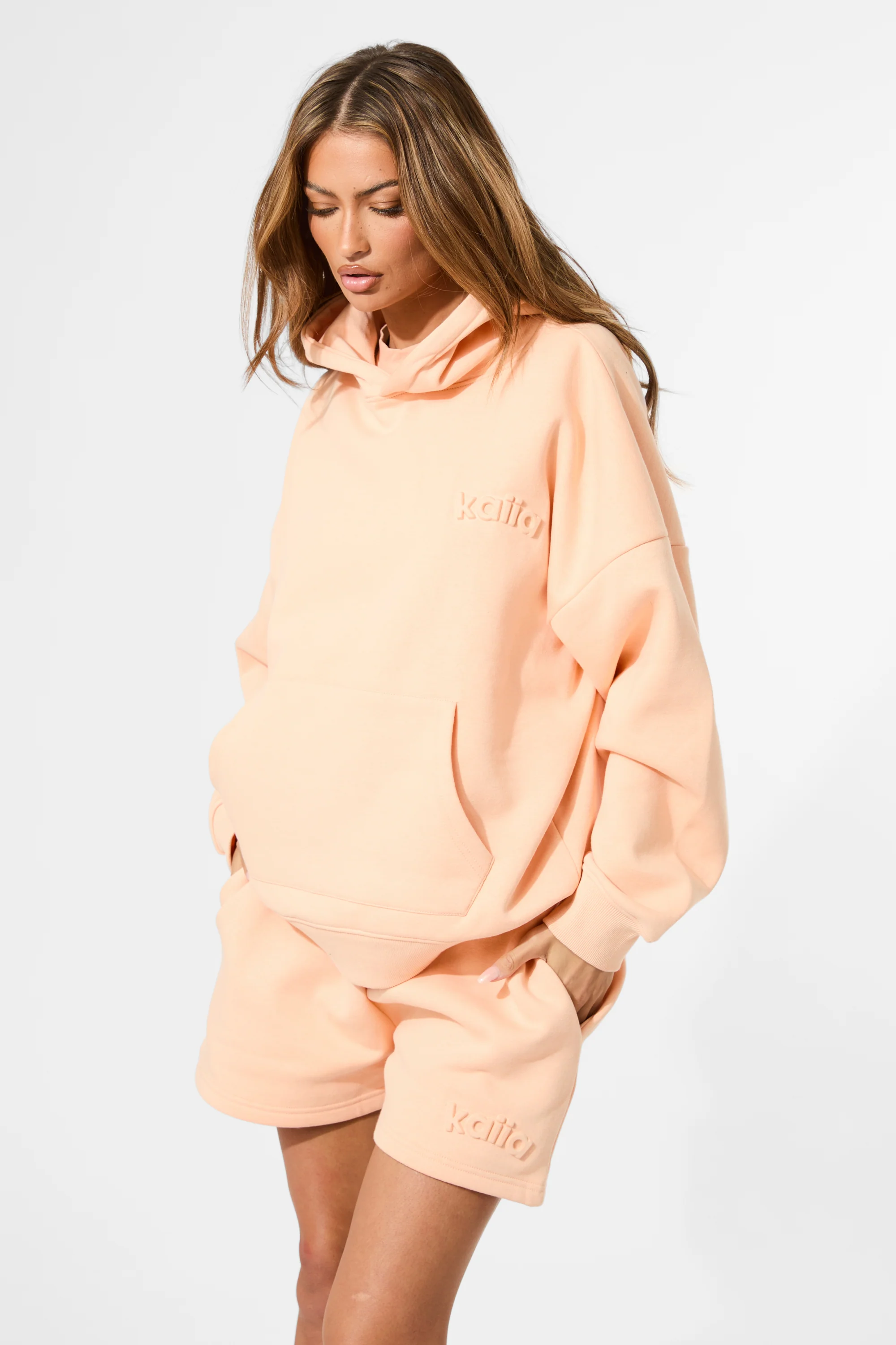 Kaiia Embossed Logo Oversized Hoodie Orange Sherbet - Image 5