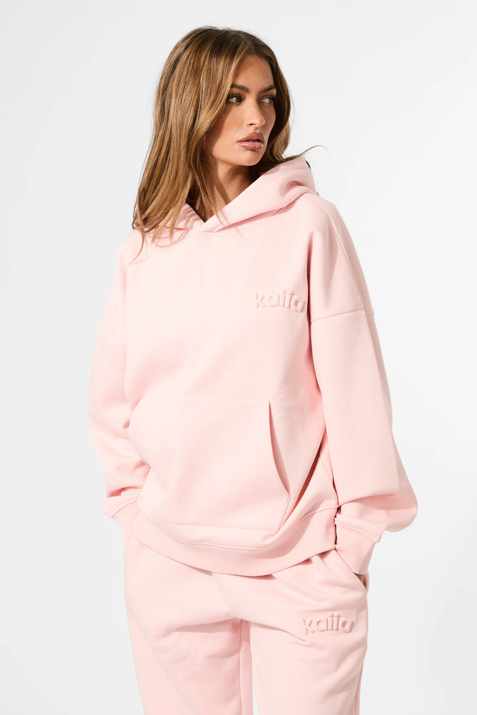 Kaiia Embossed Logo Oversized Hoodie Sugar Pink - Image 4