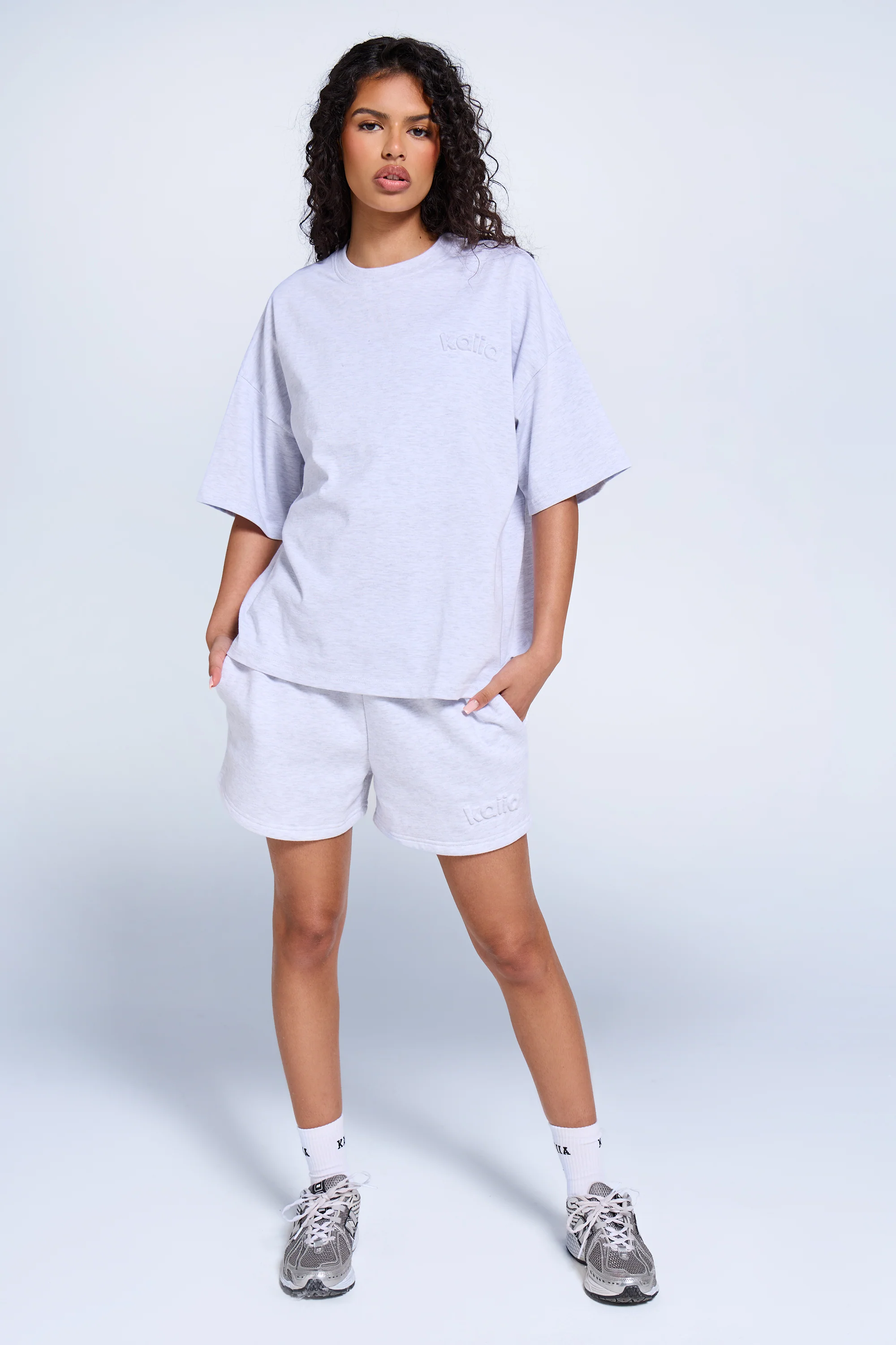 Kaiia Embossed Logo Oversized T-shirt Light Grey Marl - Image 3