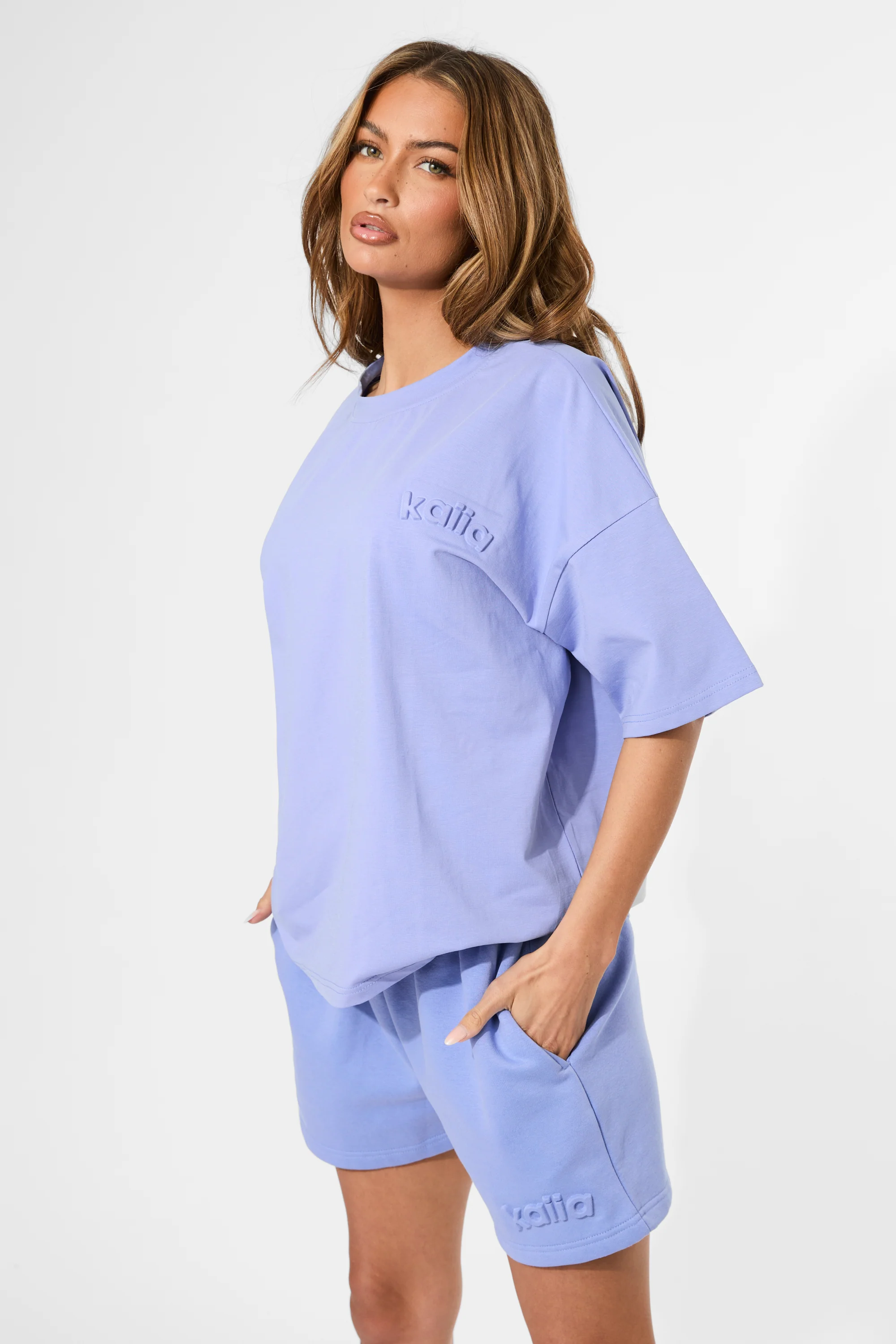Kaiia Embossed Logo Oversized Tee Cornflower Blue - Image 4