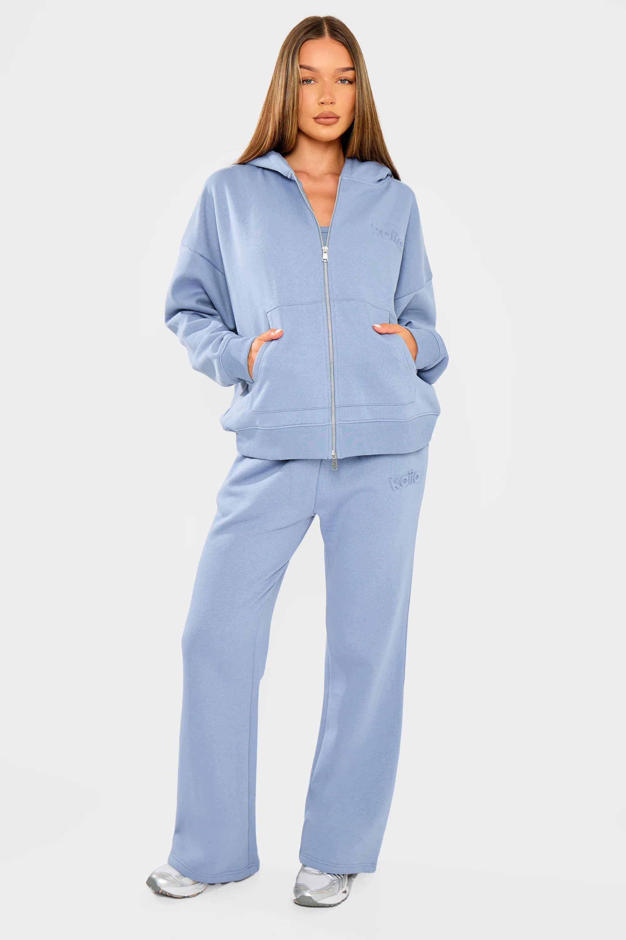 Kaiia Embossed Logo Oversized Zip Hoodie Vintage Blue - Image 6
