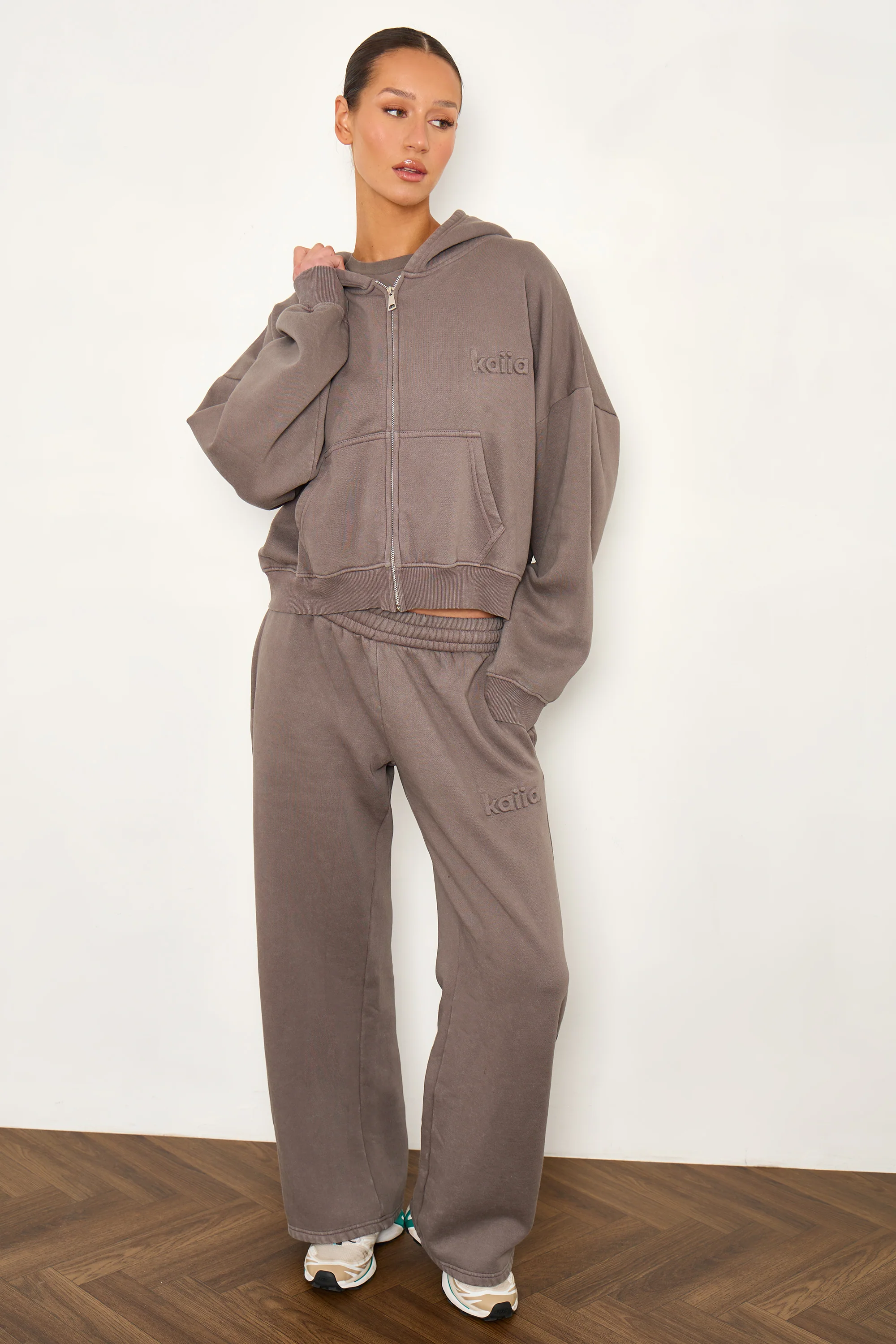 Kaiia Embossed Logo Oversized Zip Through Hoodie Washed Storm Grey - Image 3