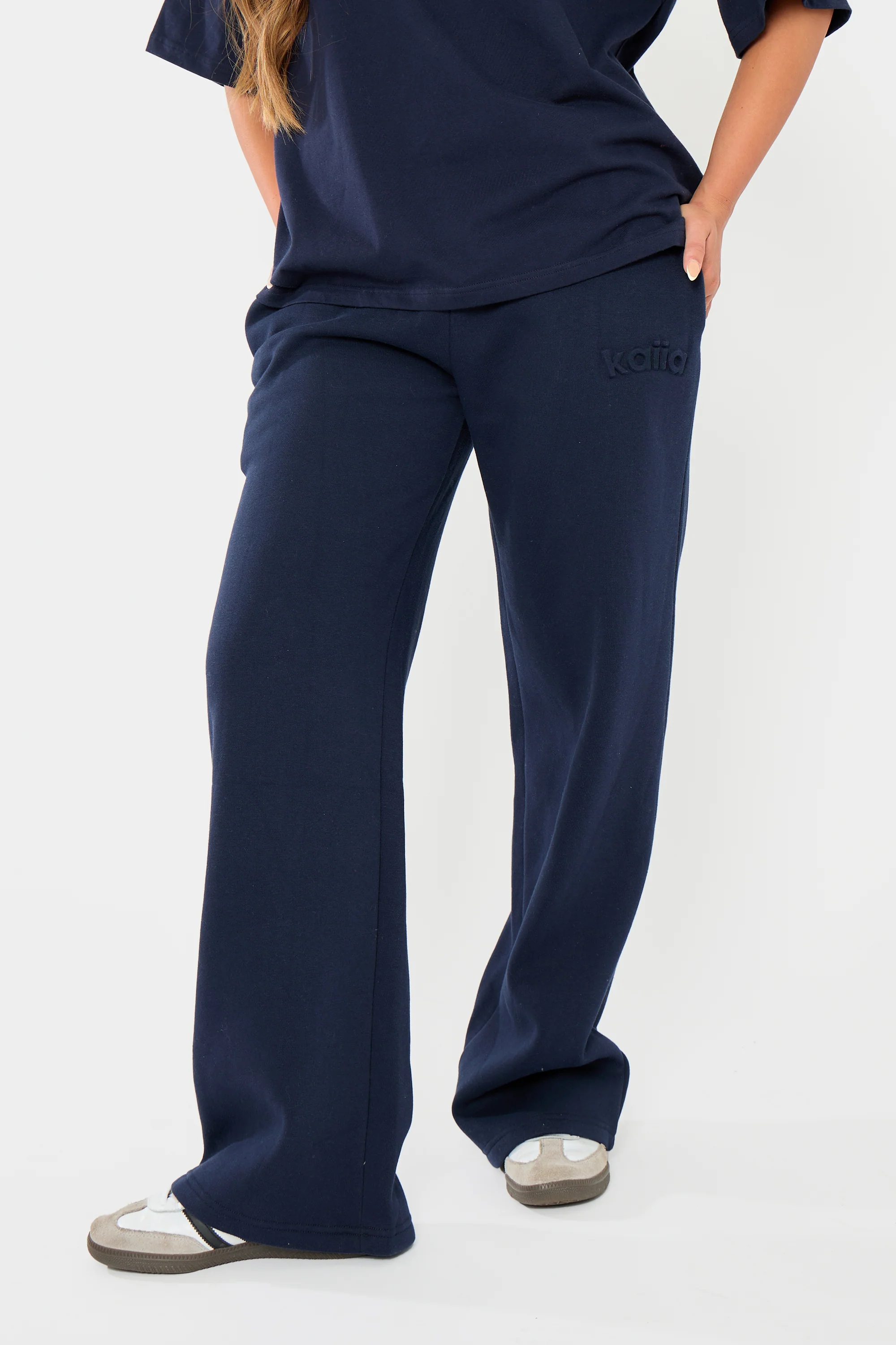 Kaiia Embossed Logo Straight Wide Leg Joggers Navy - Image 6