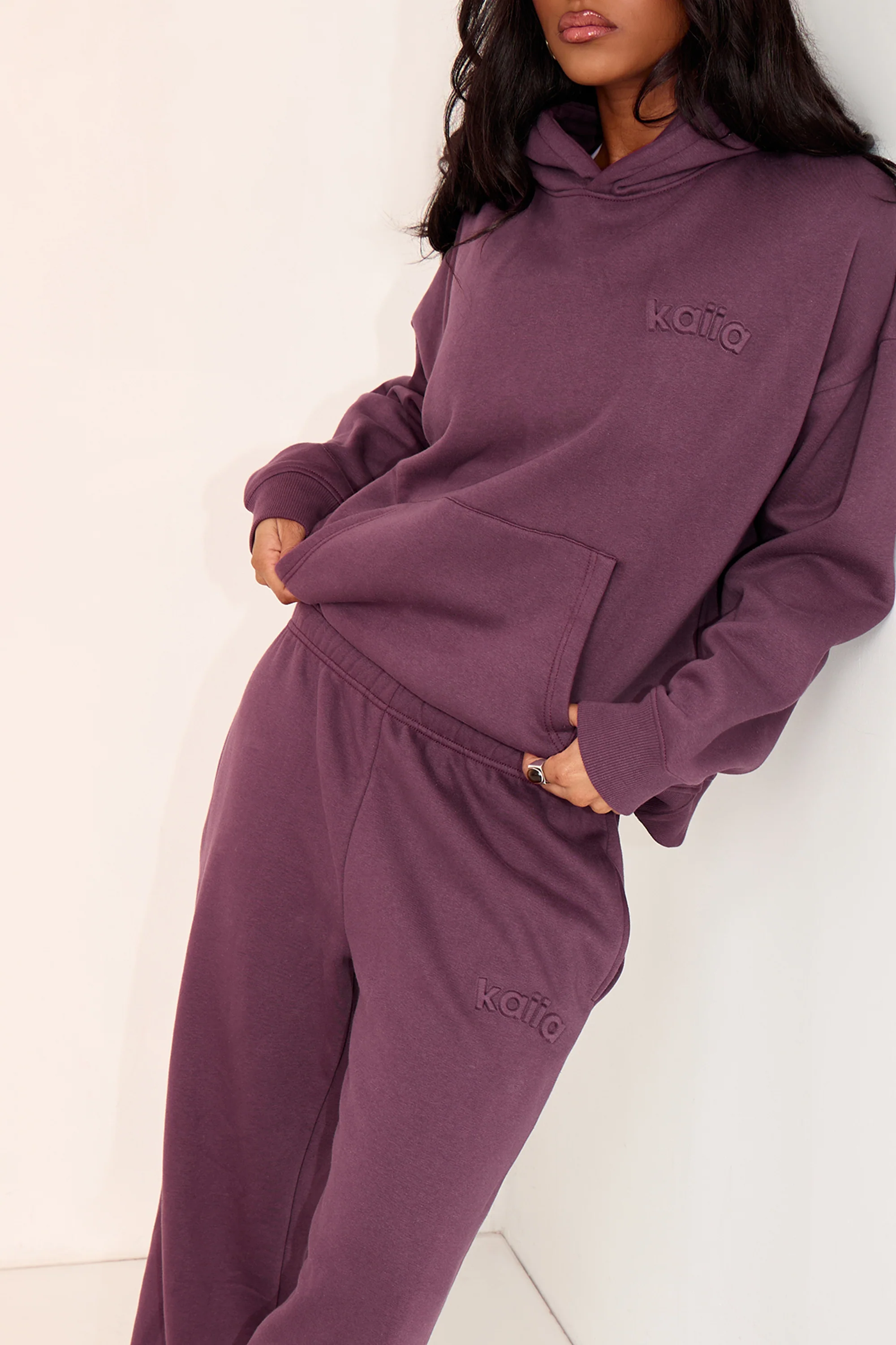 Kaiia Embossed Logo Wide Leg Joggers Aubergine - Image 2