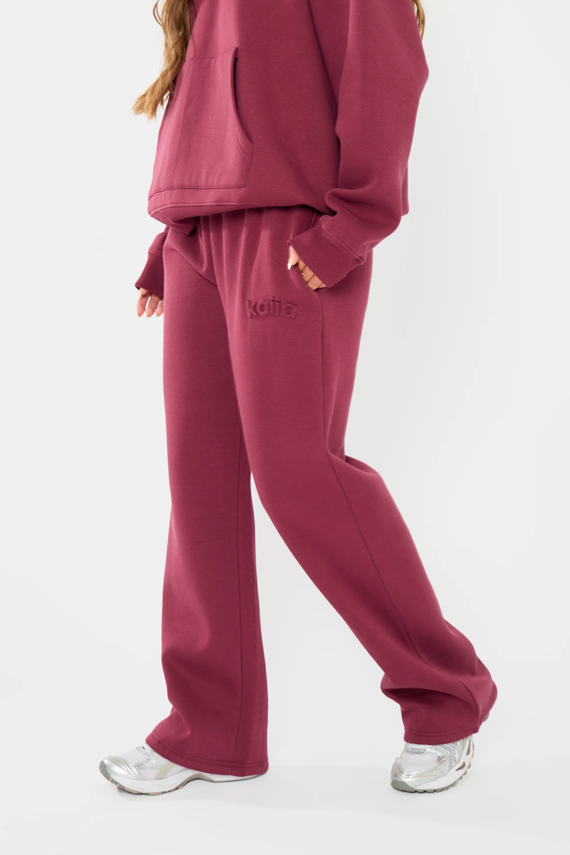 Kaiia Embossed Logo Wide Leg Joggers Dark Cherry - Image 6