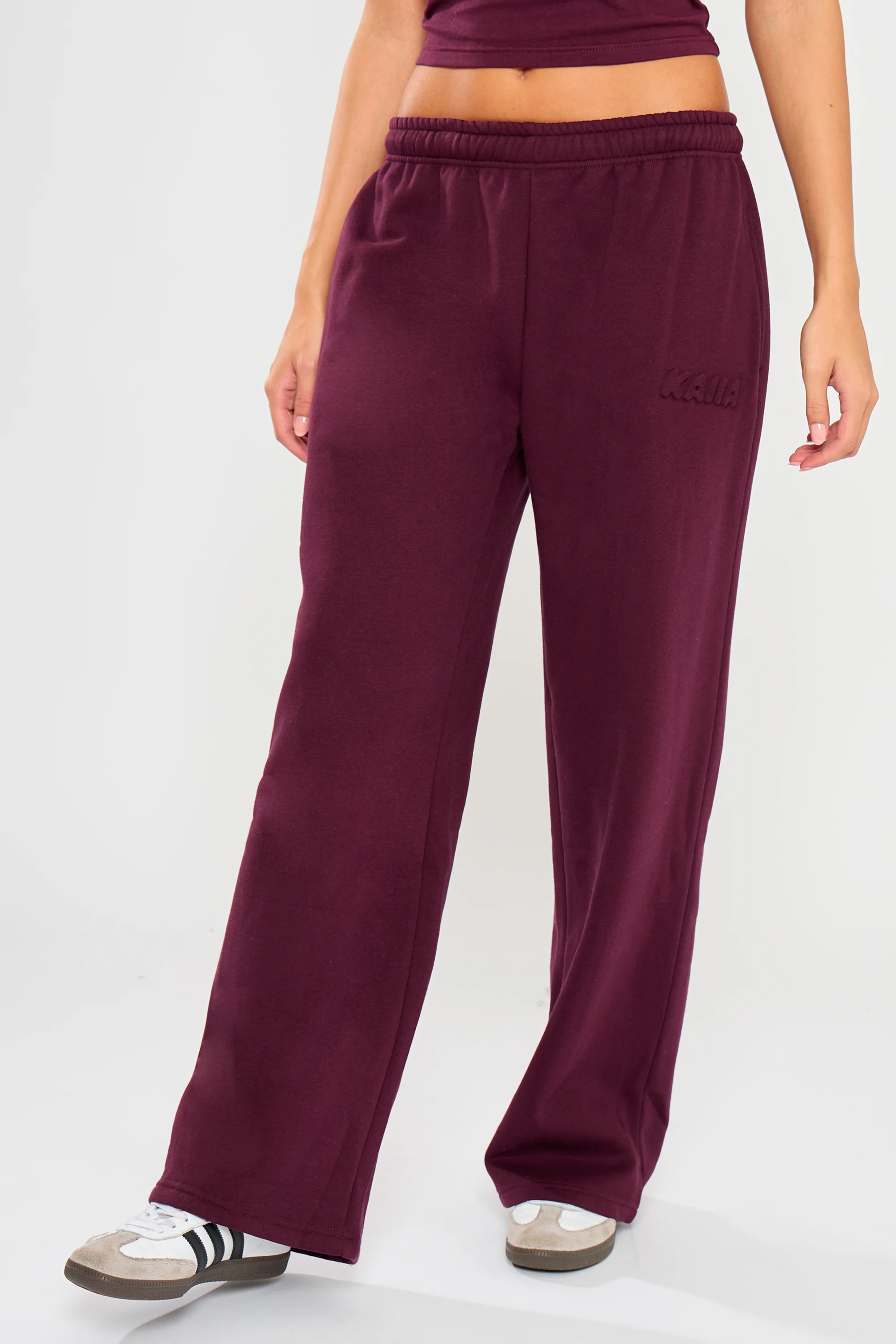 Kaiia Embossed Bubble Logo Wide Leg Joggers Deep Merlot Burgundy - Image 3