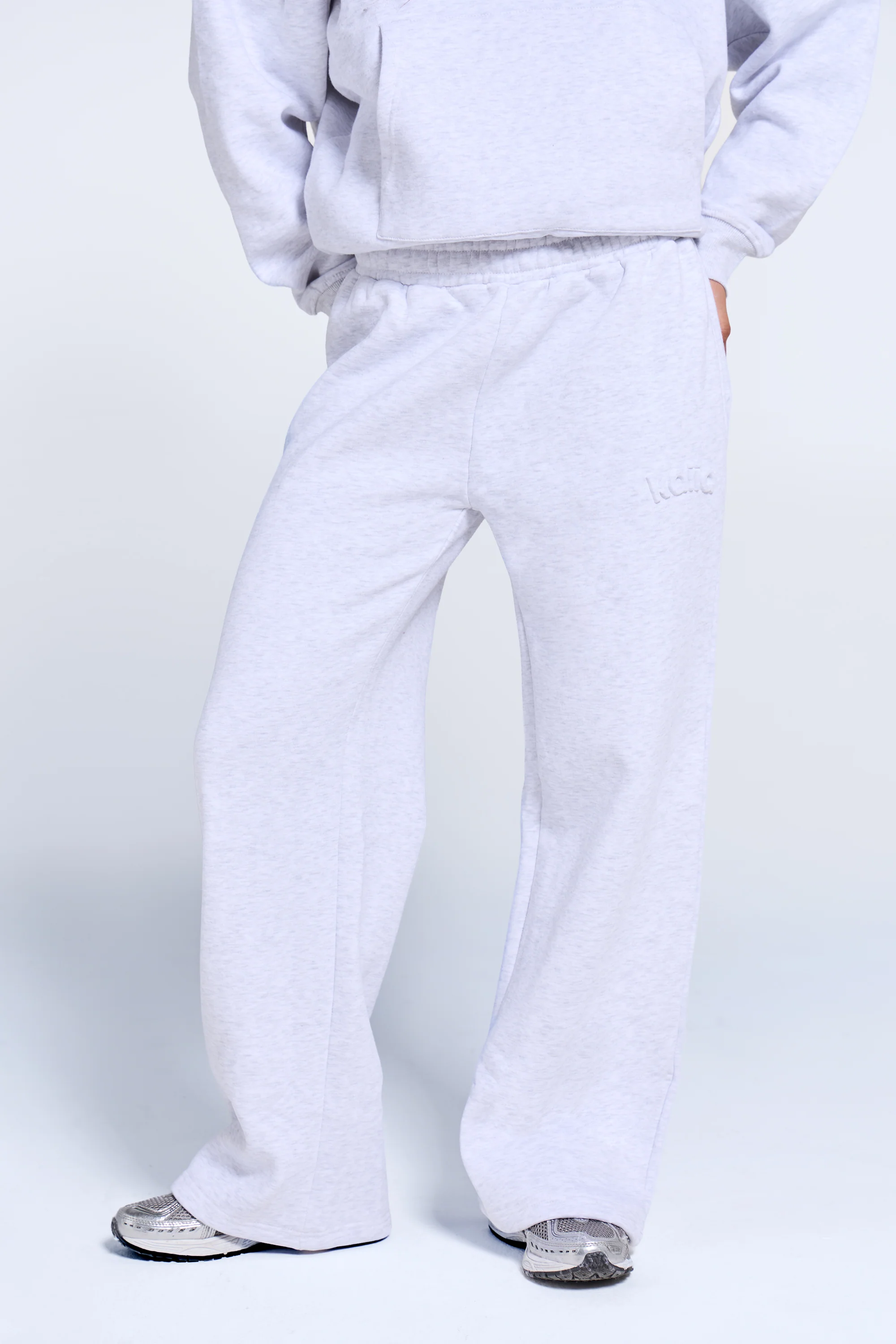 Kaiia Embossed Logo Wide Leg Joggers Light Grey Marl - Image 3
