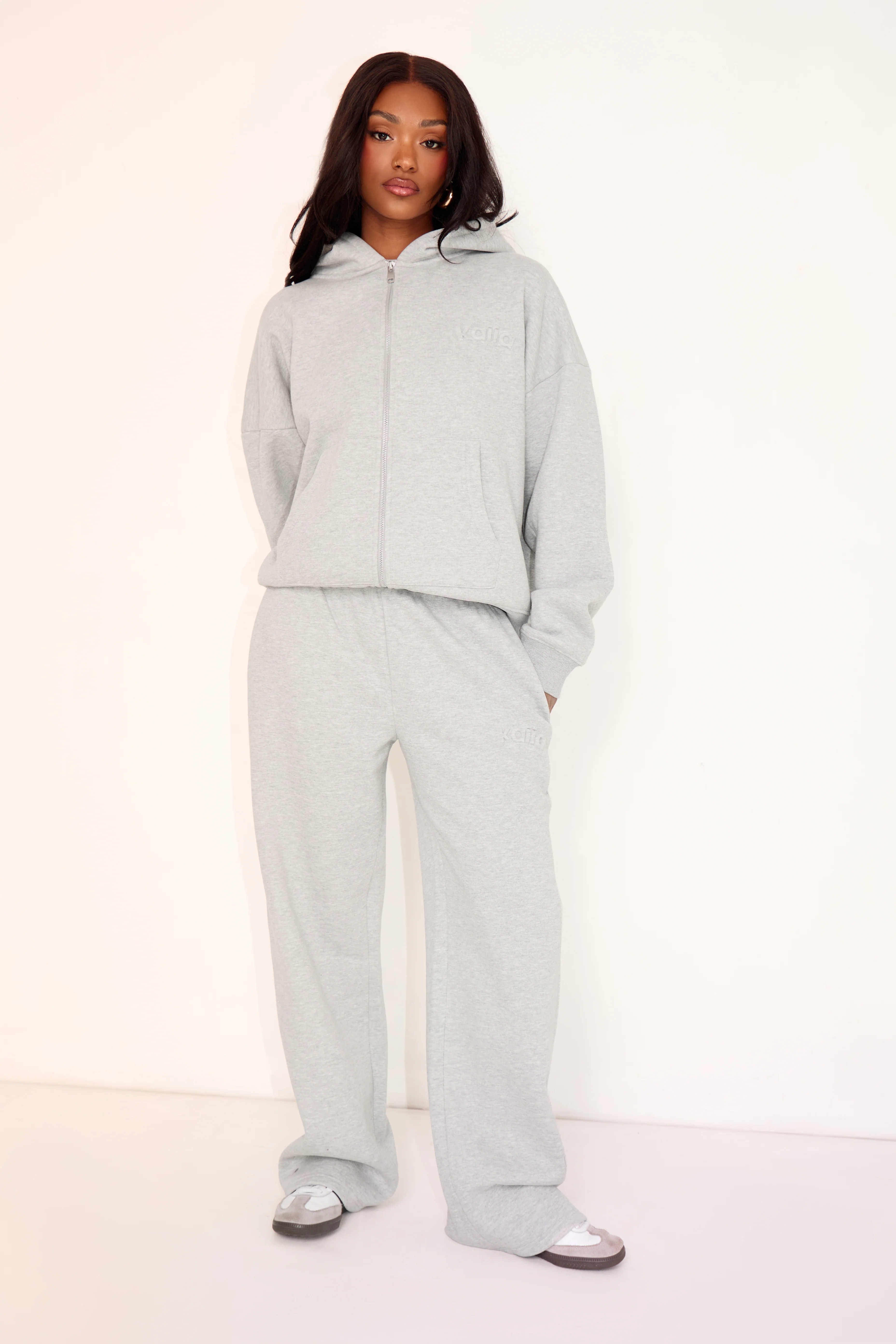 Kaiia Embossed Logo Wide Leg Joggers Mid Grey Marl