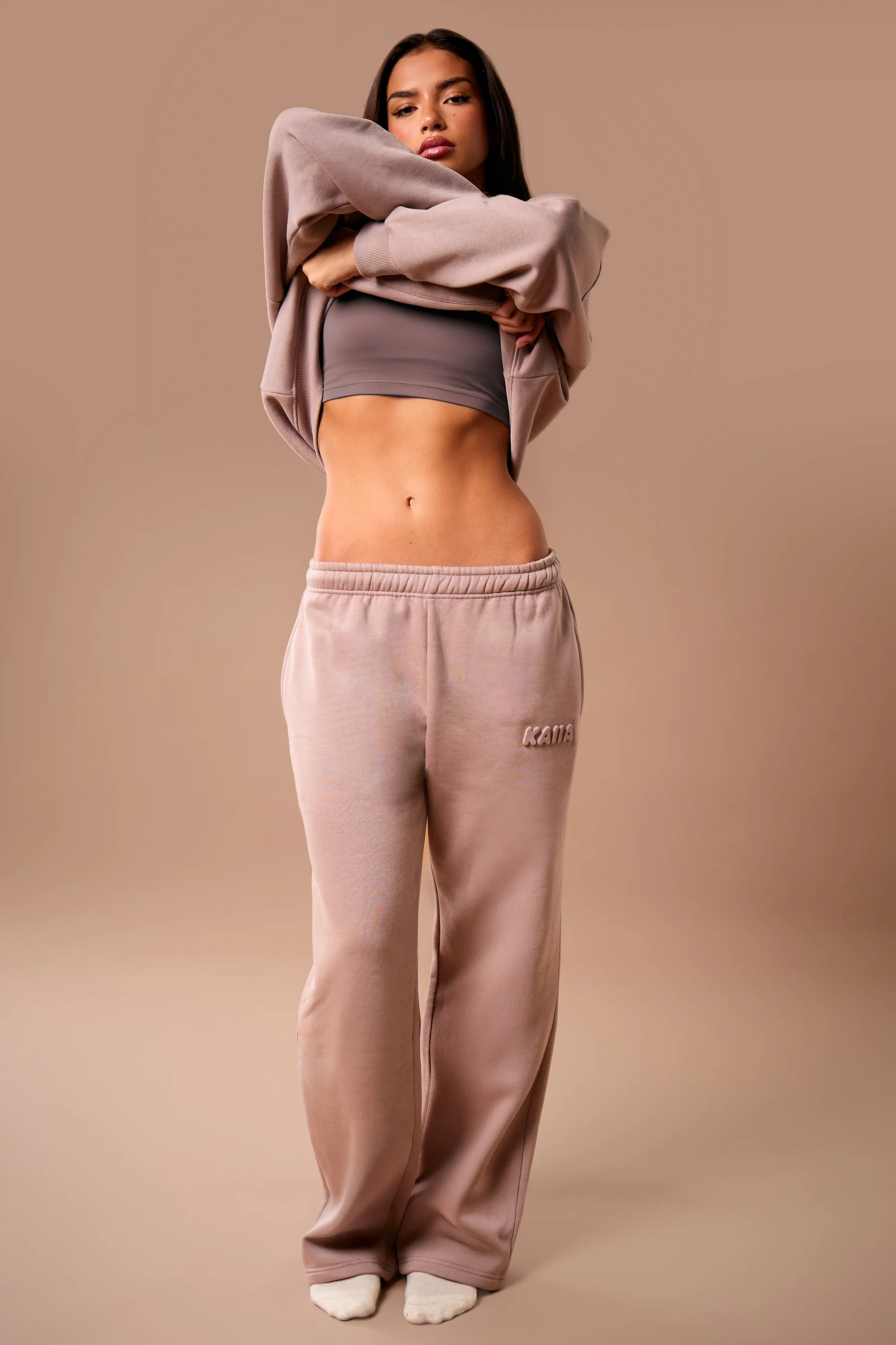 Kaiia Embossed Bubble Logo Wide Leg Joggers Clay - Image 2