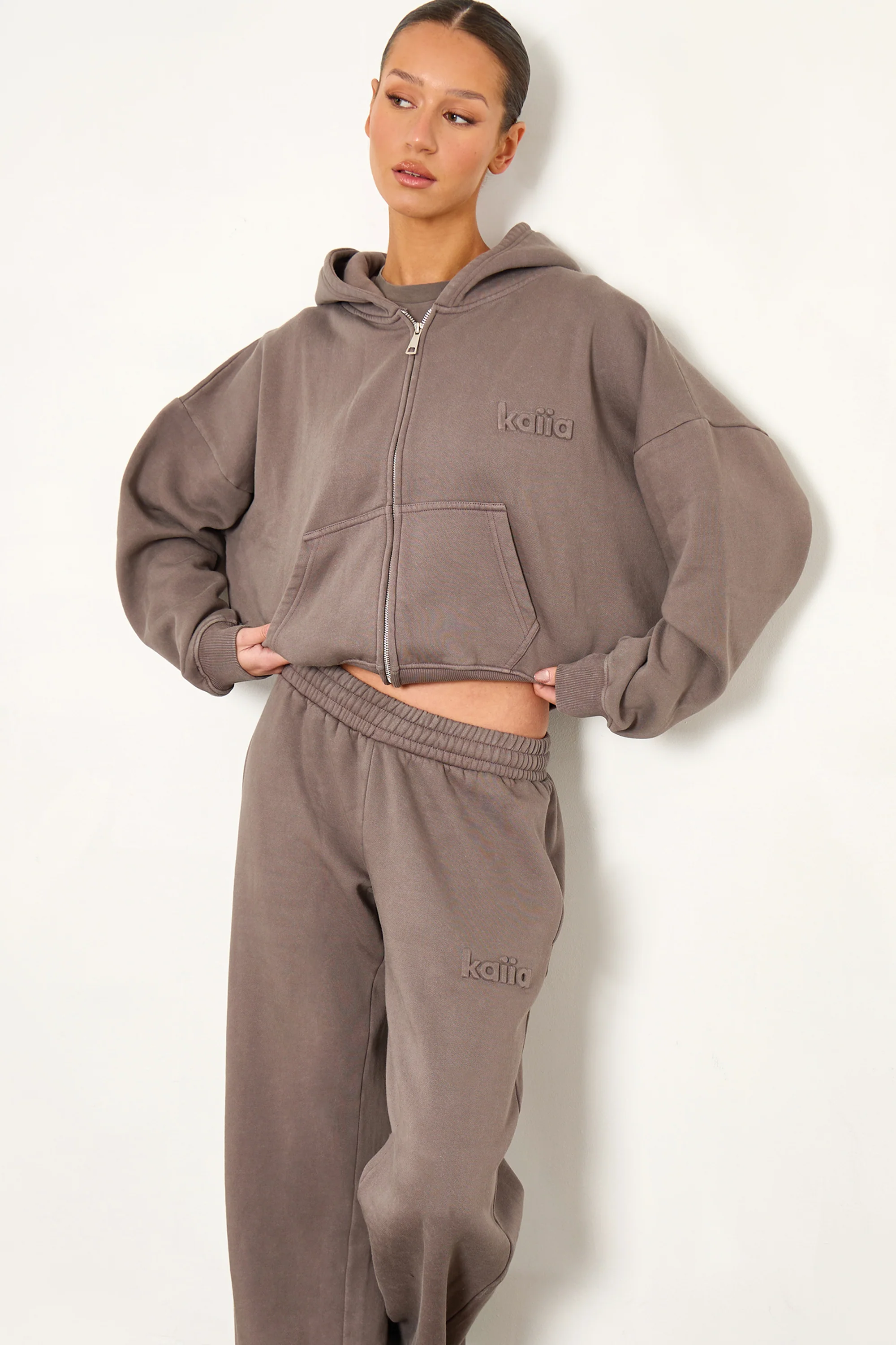 Kaiia Embossed Logo Wide Leg Joggers Washed Storm Grey - Image 2