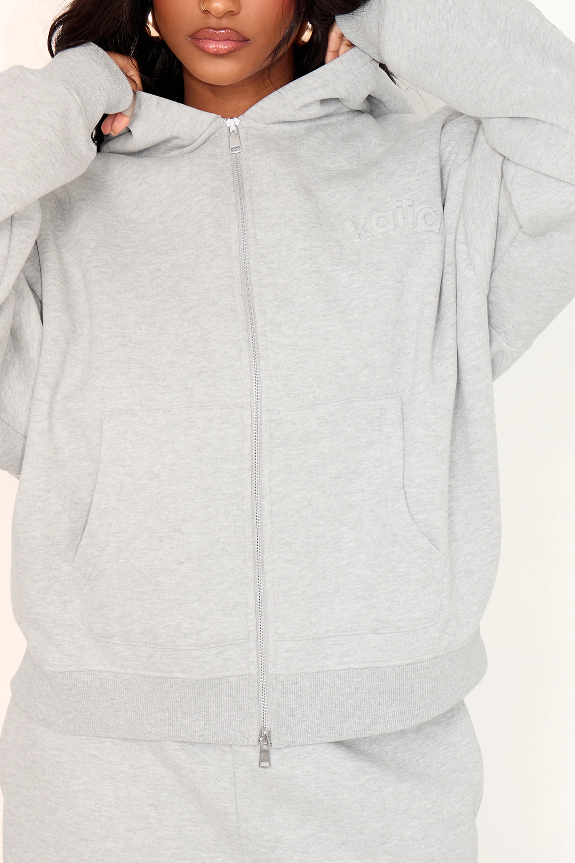 Kaiia Embossed Logo Zip Through Oversized Hoodie Mid Grey Marl - Image 4