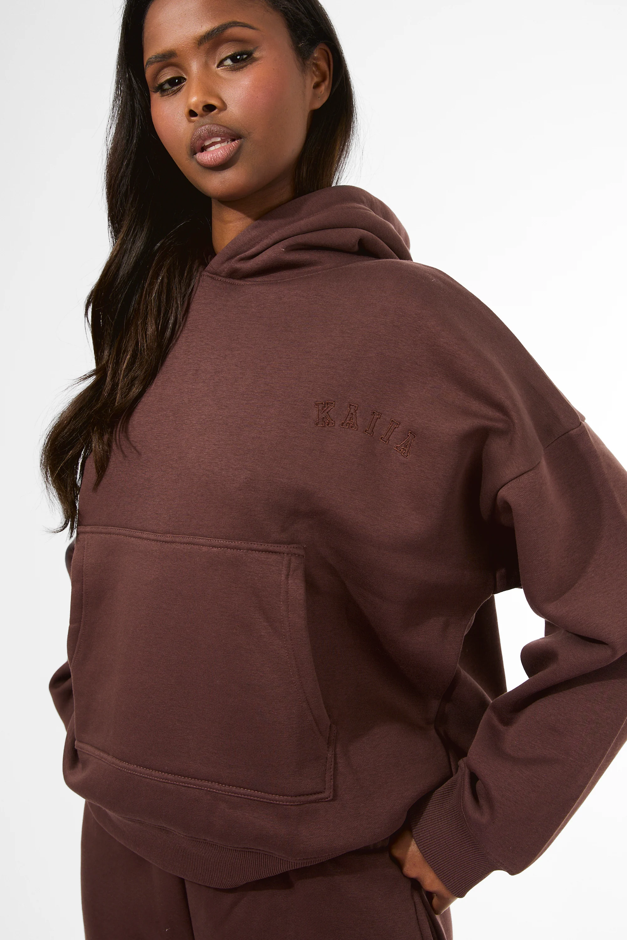 Kaiia Logo Embossed Oversized Hoodie Mocha - Image 4