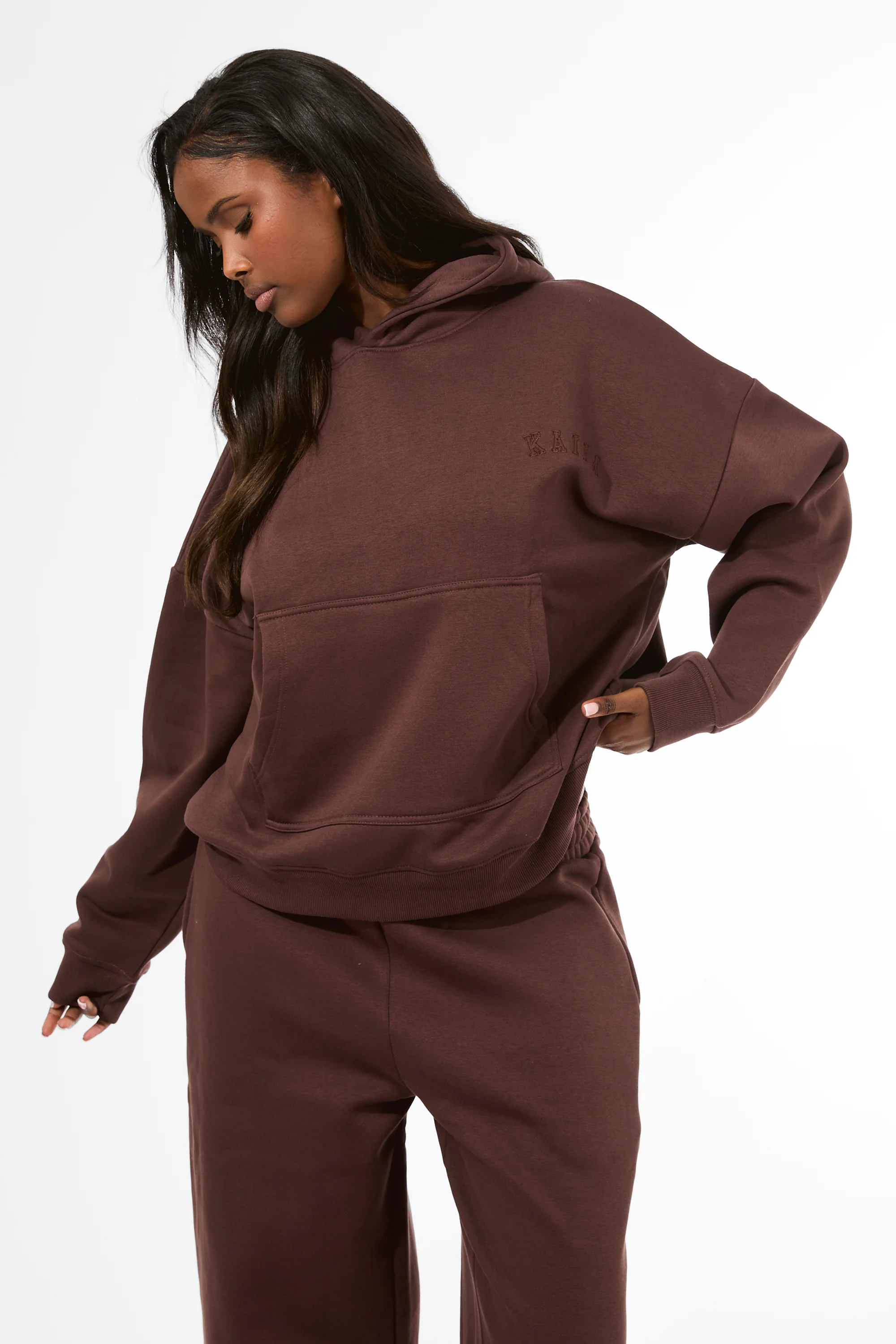 Kaiia Logo Embossed Oversized Hoodie Mocha - Image 5