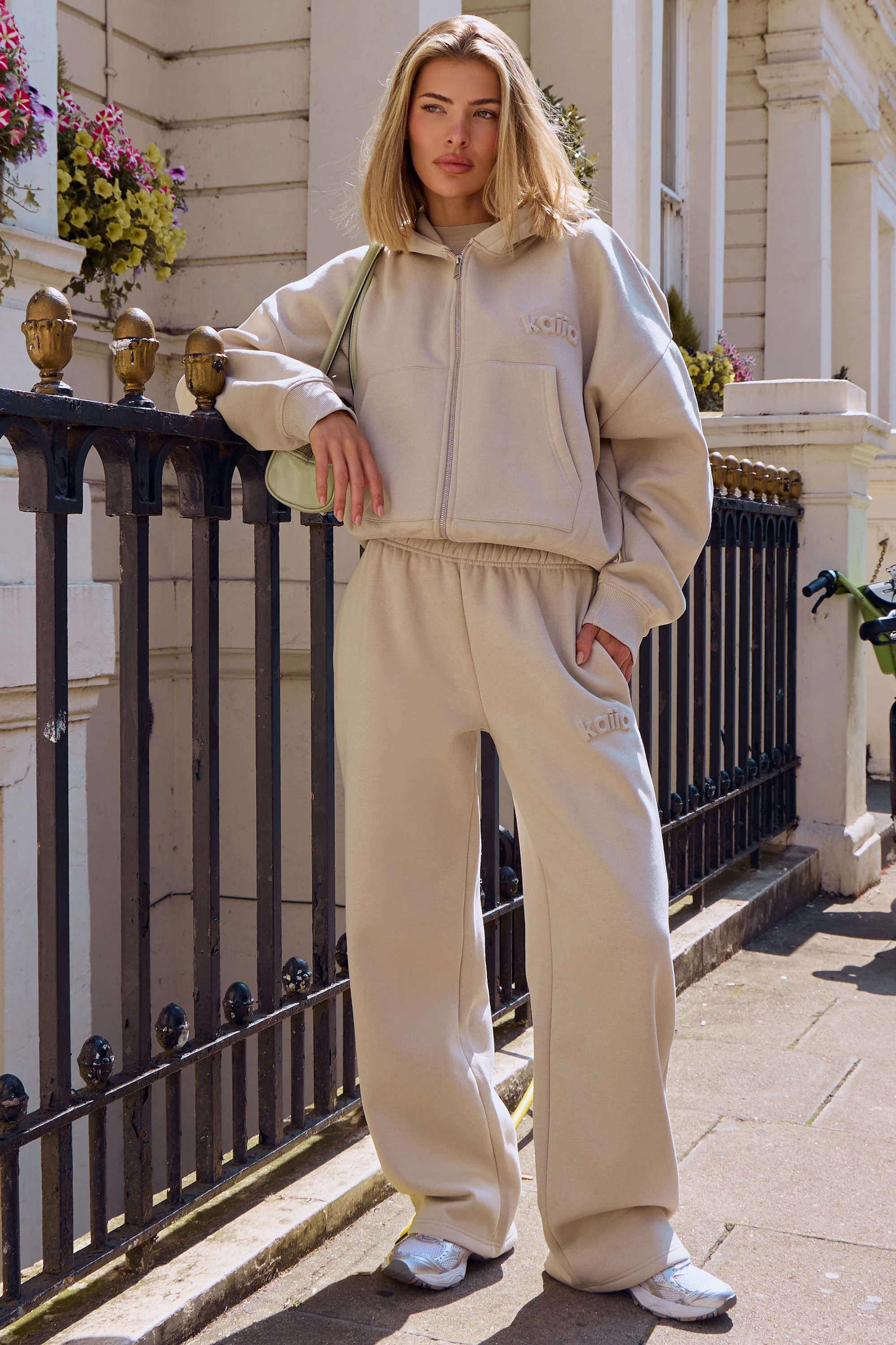 Kaiia Embossed Oversized Zip Through Hoodie Ash Taupe - Image 3