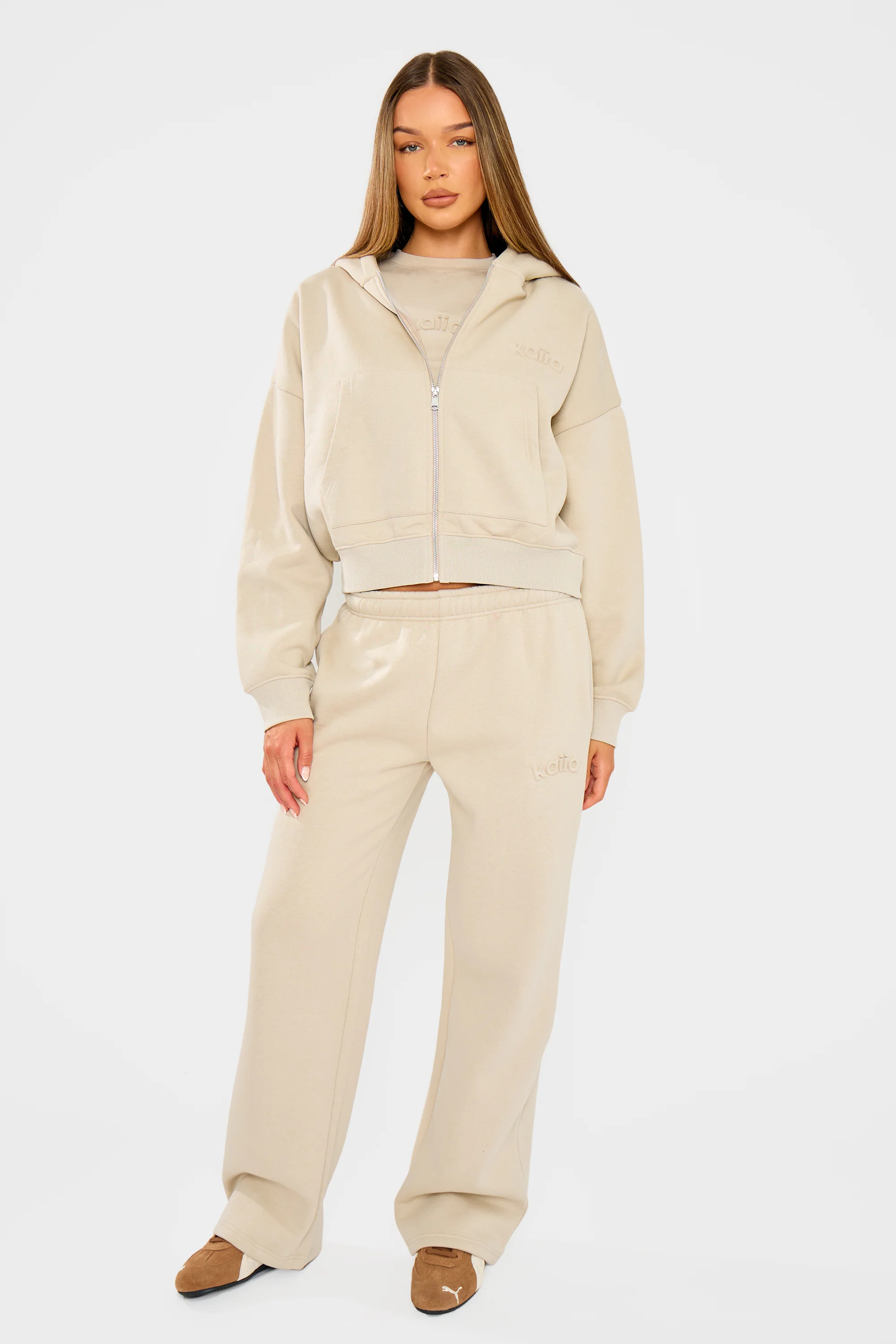 Kaiia Embossed Oversized Zip Through Hoodie Ash Taupe - Image 5