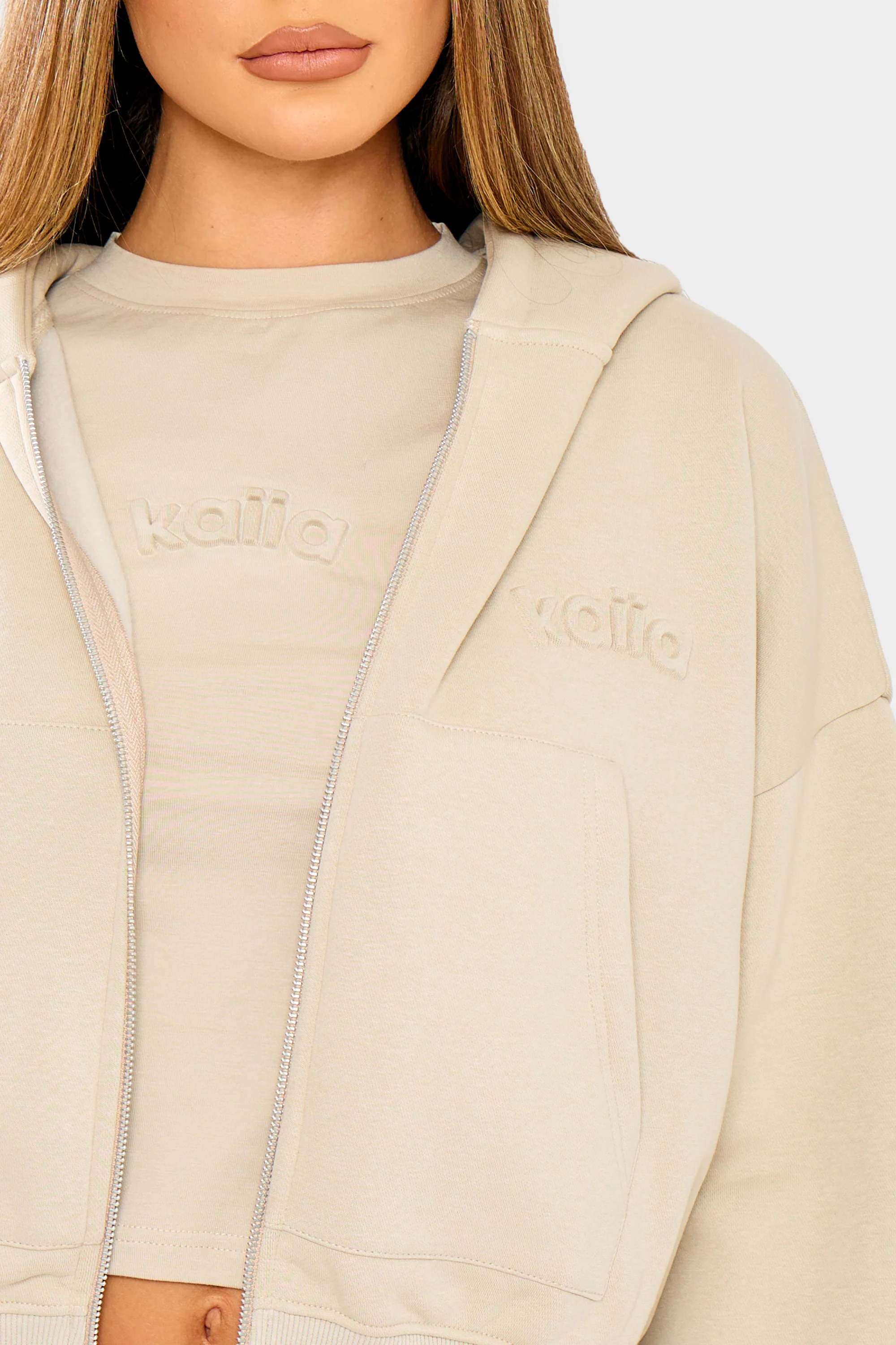 Kaiia Embossed Oversized Zip Through Hoodie Ash Taupe - Image 6