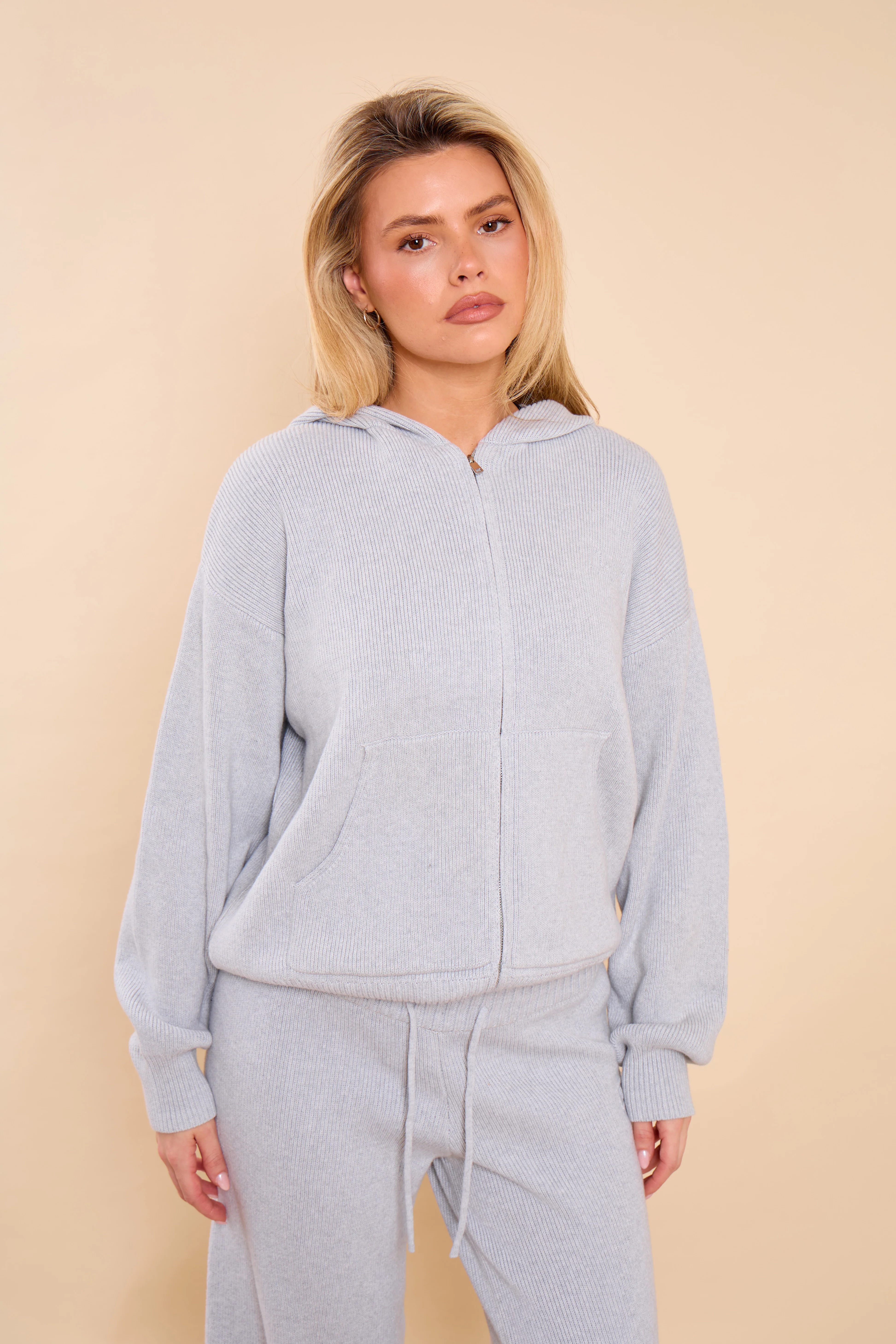Kaiia Embossed Premium Knit Oversized Zip Through Hoodie Light Grey Marl