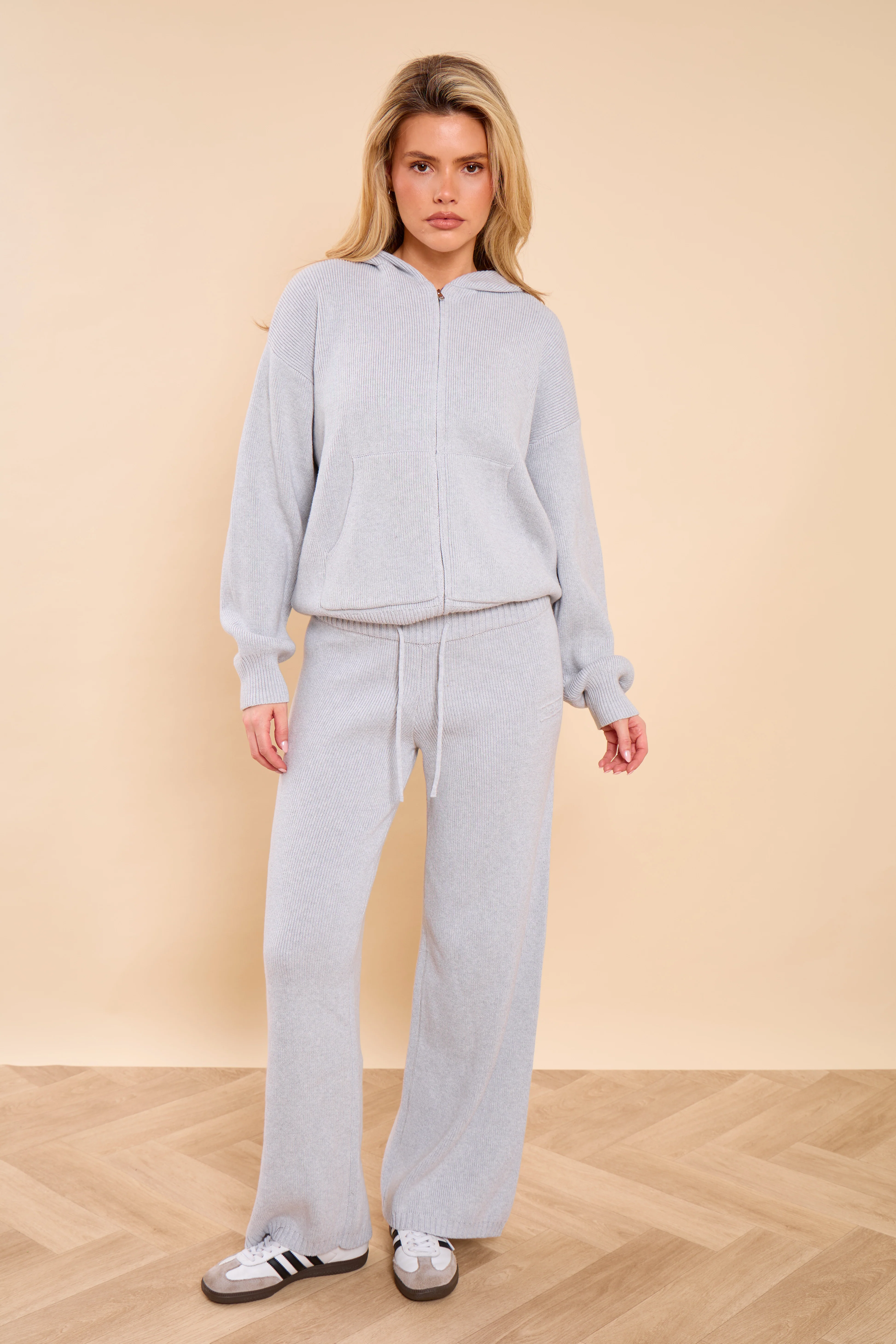 Kaiia Embossed Premium Knit Oversized Zip Through Hoodie Light Grey Marl - Image 3