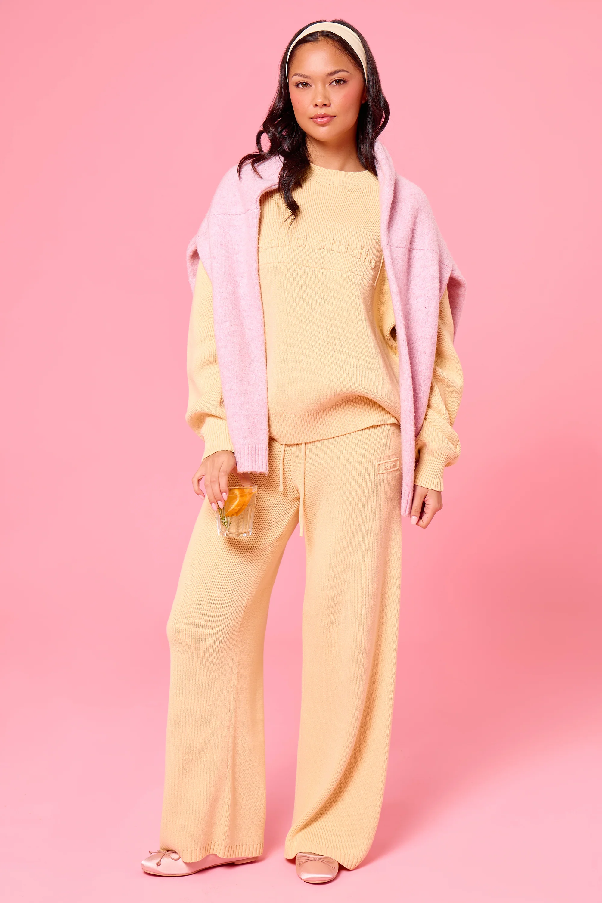 Kaiia Embossed Premium Knit Wide Leg Trousers Soft Yellow