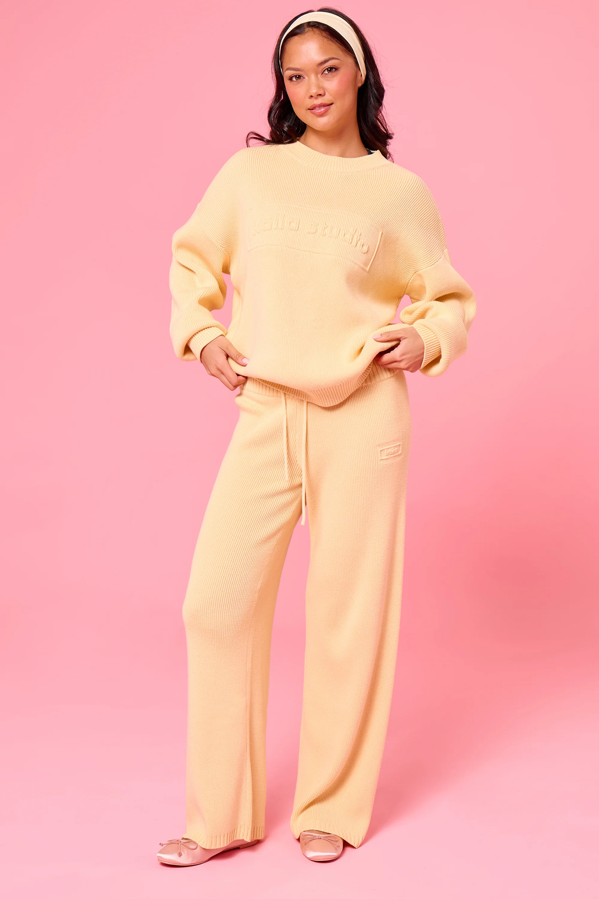 Kaiia Embossed Premium Knit Wide Leg Trousers Soft Yellow - Image 5