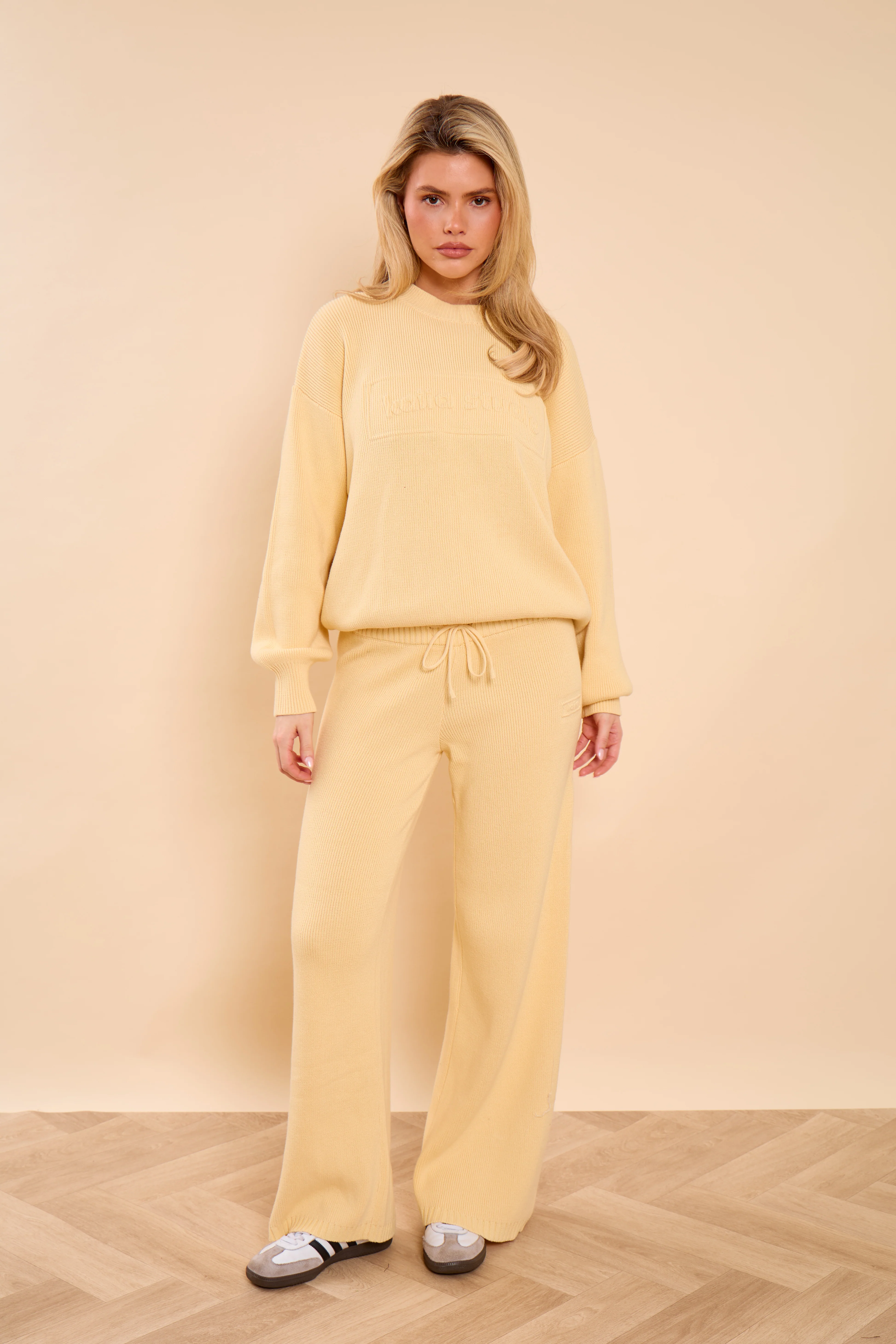 Kaiia Embossed Premium Knit Wide Leg Trousers Soft Yellow - Image 6