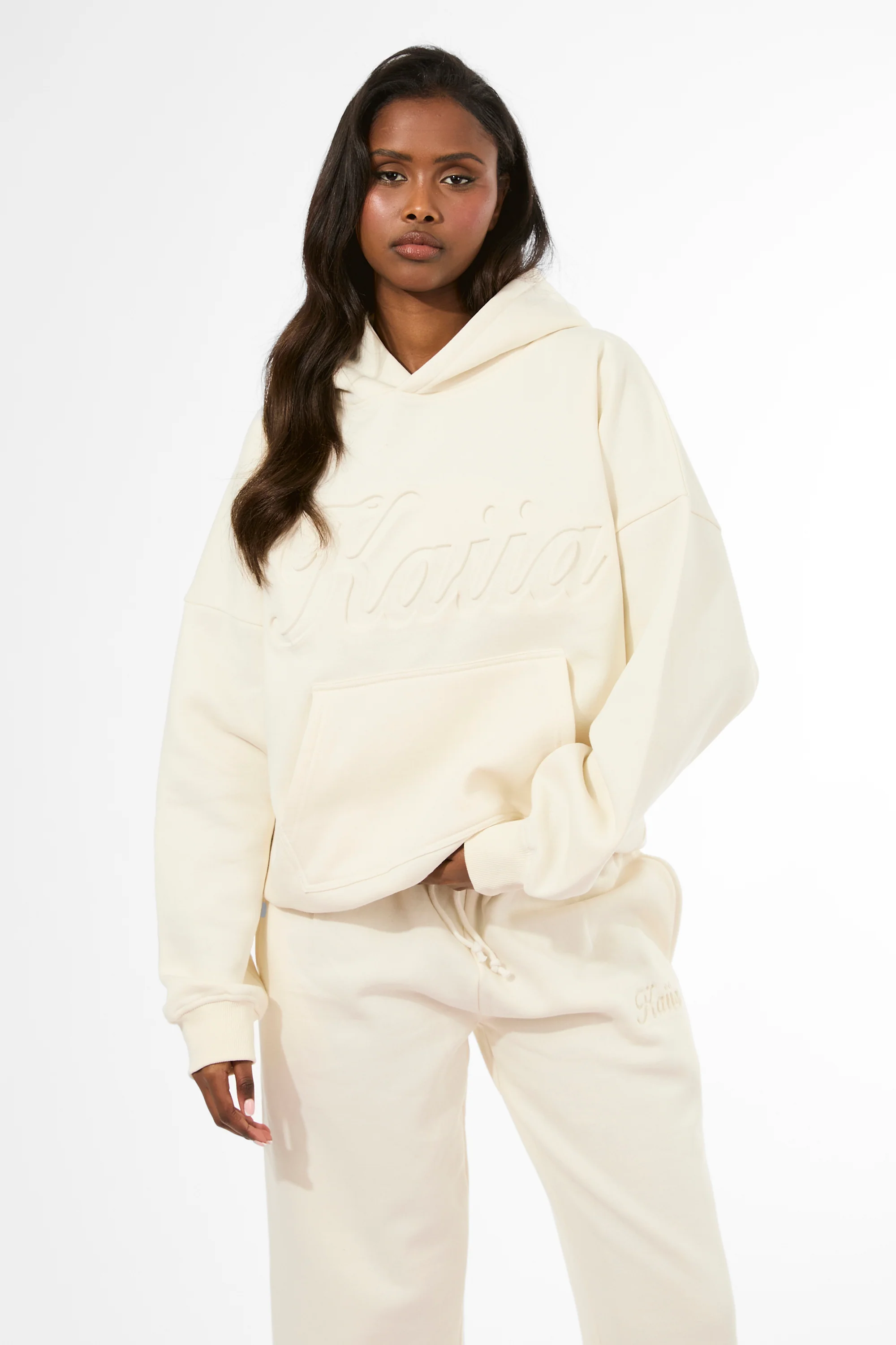 Kaiia Embossed Script Logo Oversized Hoodie Marshmallow - Image 4